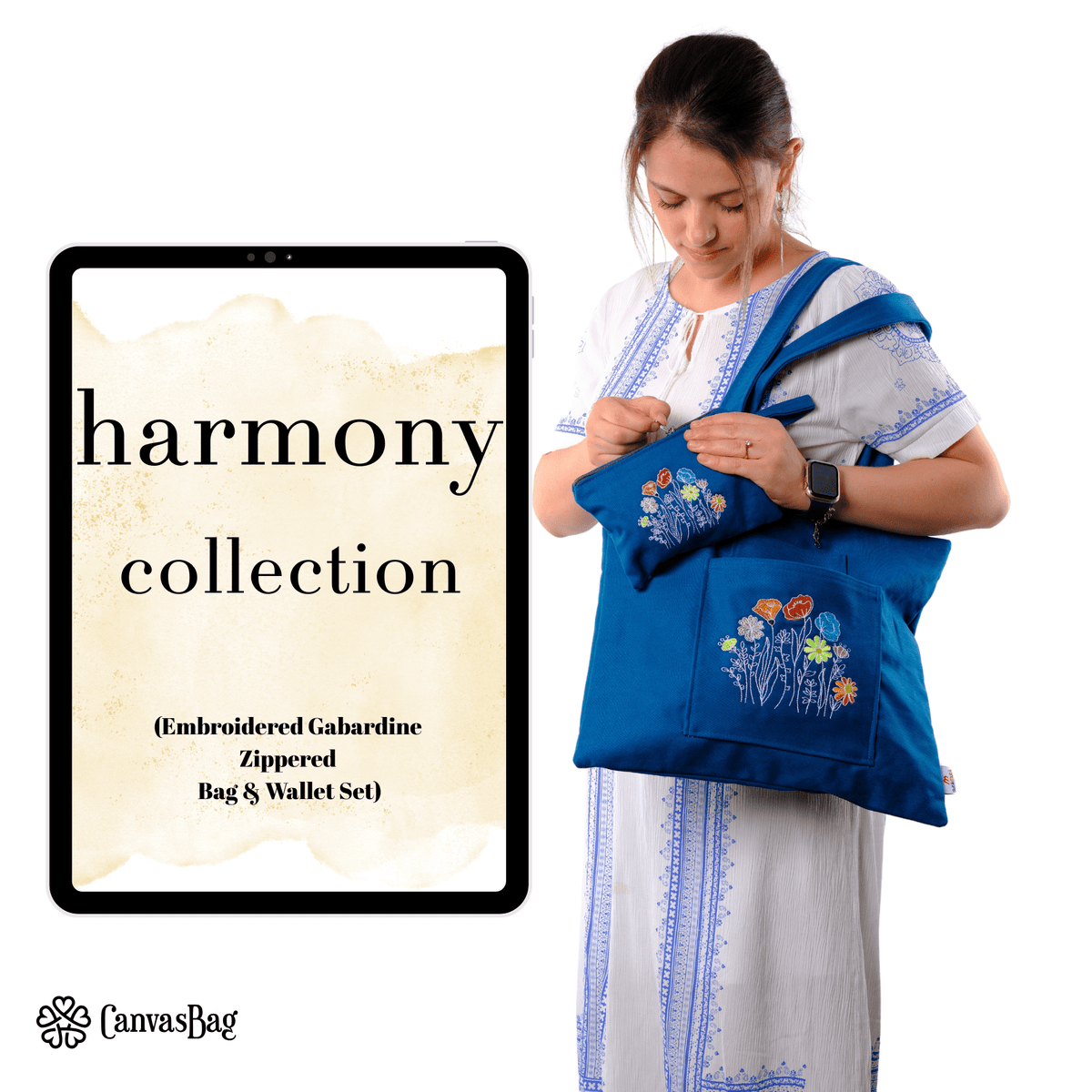 Embroidered Cotton Gabardine Bag & Wallet Set - canvasbag
