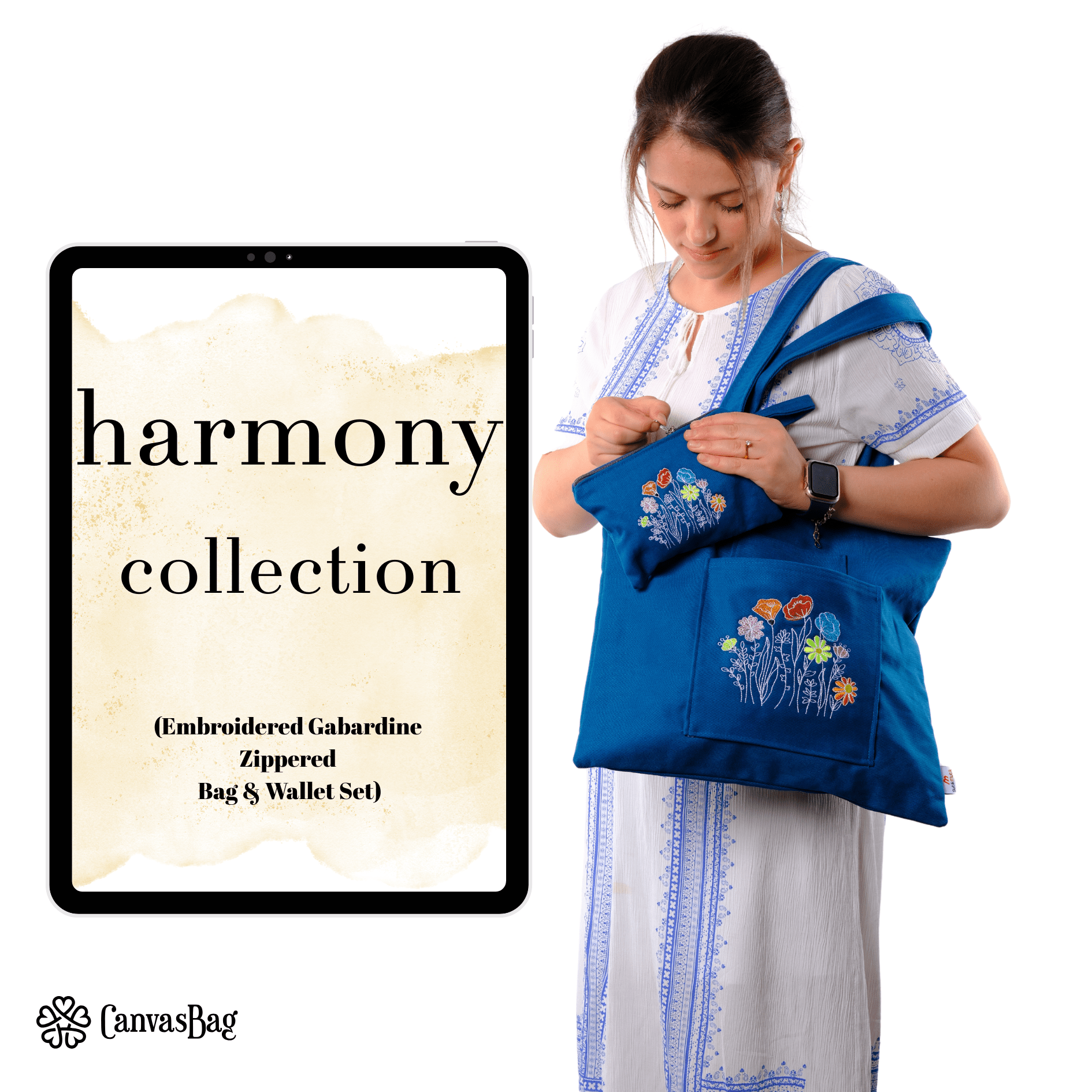Embroidered Cotton Gabardine Bag & Wallet Set - canvasbag