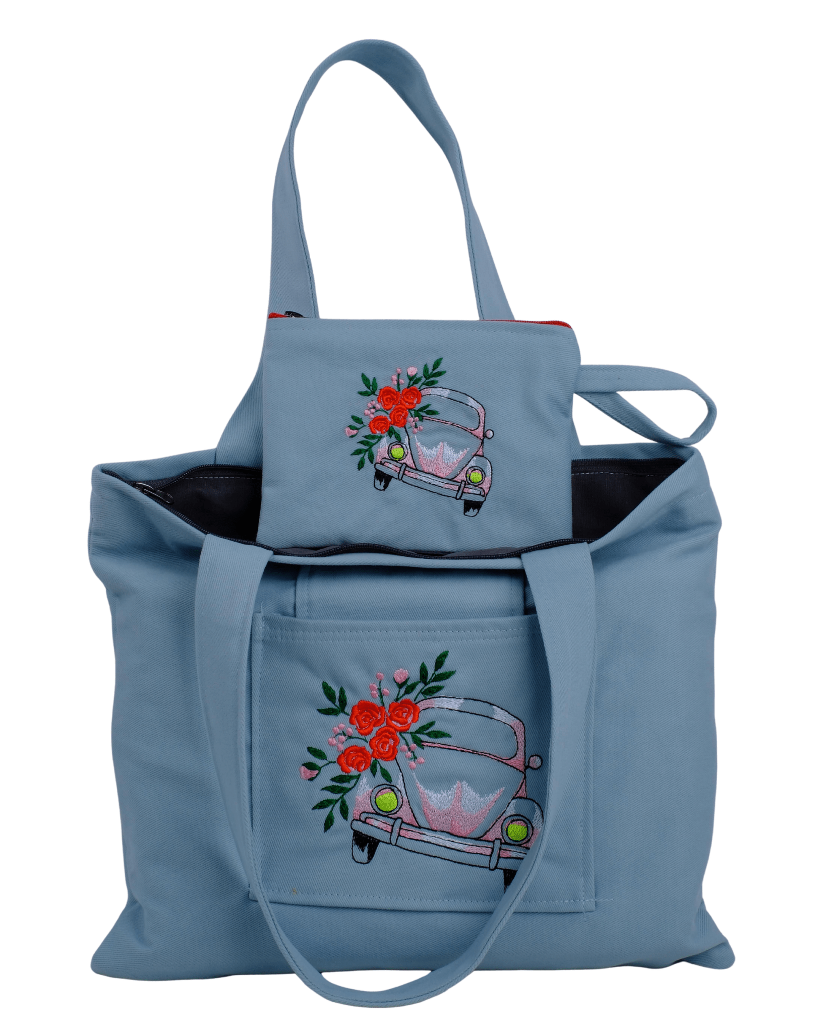 Beetle Car blue embroidered canvas tote bag with wallet – canvasbag