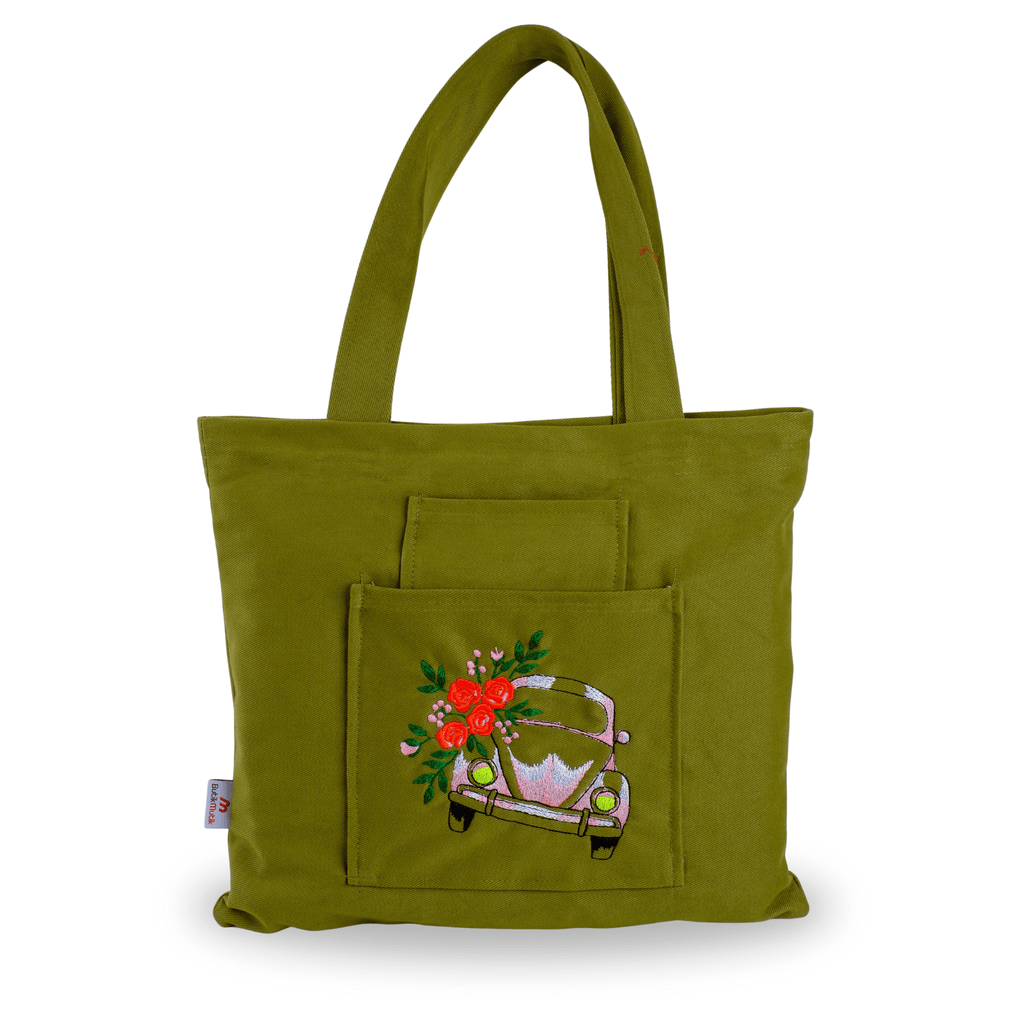 Beetle Car light olive green embroidered canvas tote – canvasbag set