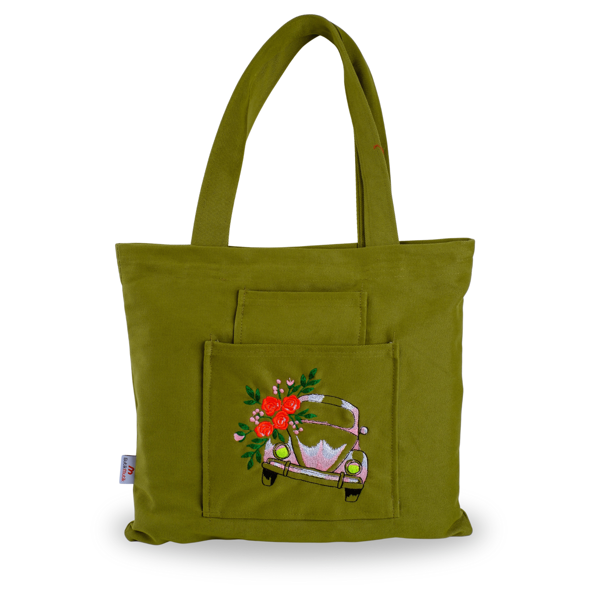 Beetle Car light olive green embroidered canvas tote – canvasbag set