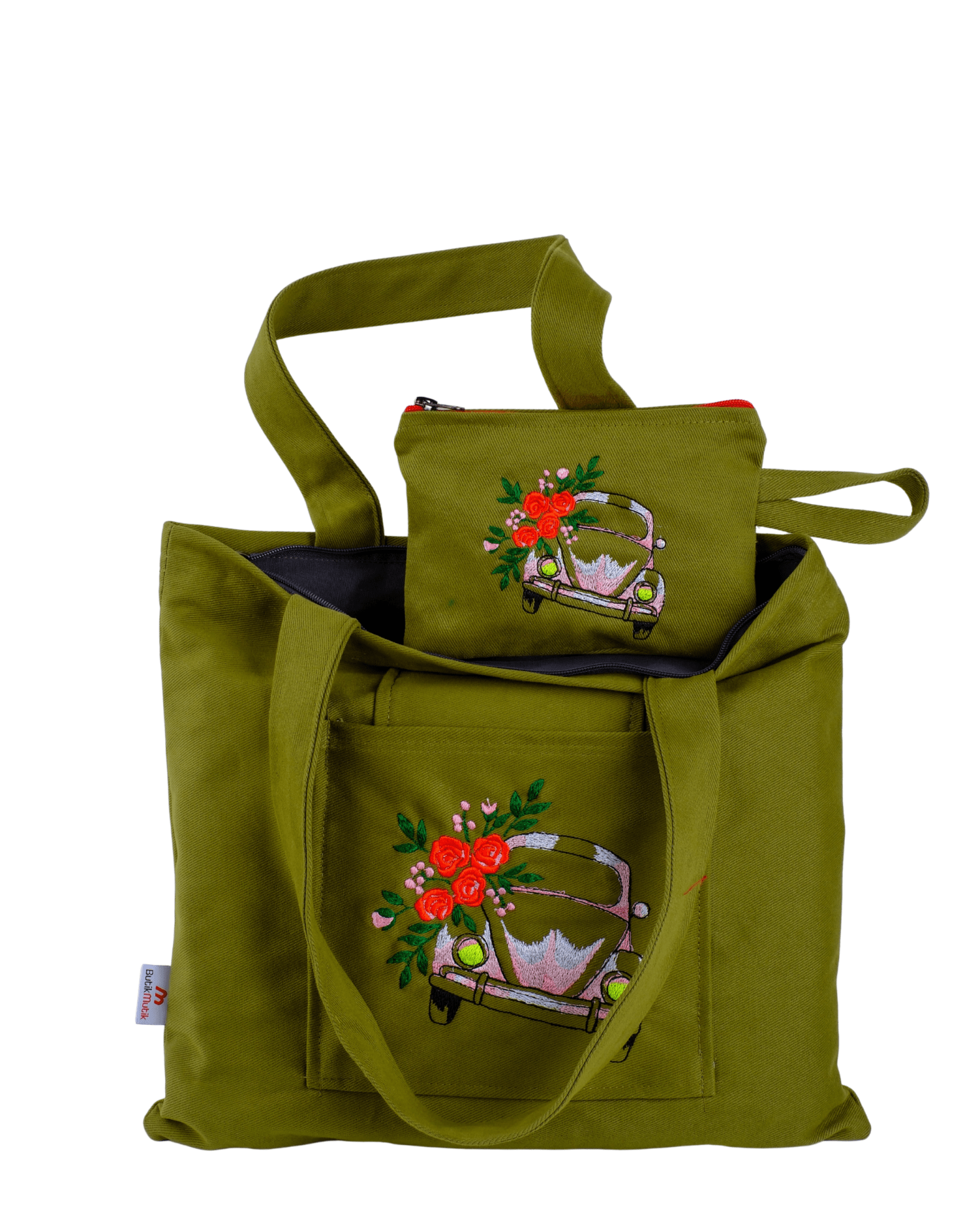 Beetle Car olive green embroidered canvas tote bag with wallet – canvasbag