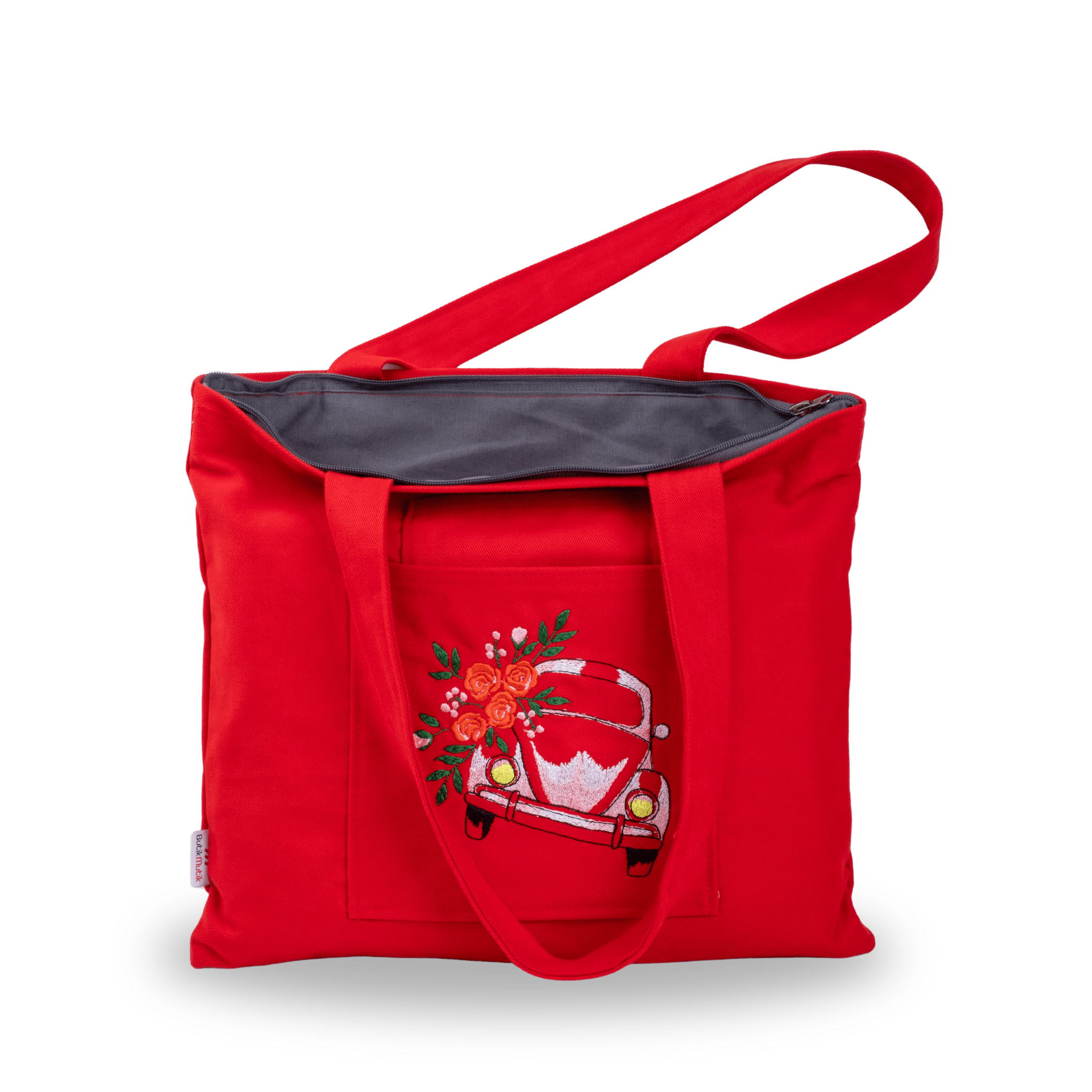 Beetle Car red canvasbag with detailed side handle – embroidered tote and wallet