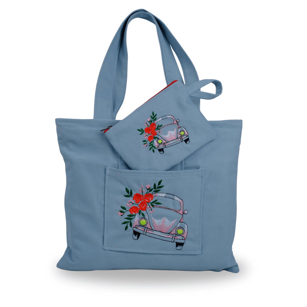 Beetle Car tote bag in petrol blue with car motif – canvasbag set