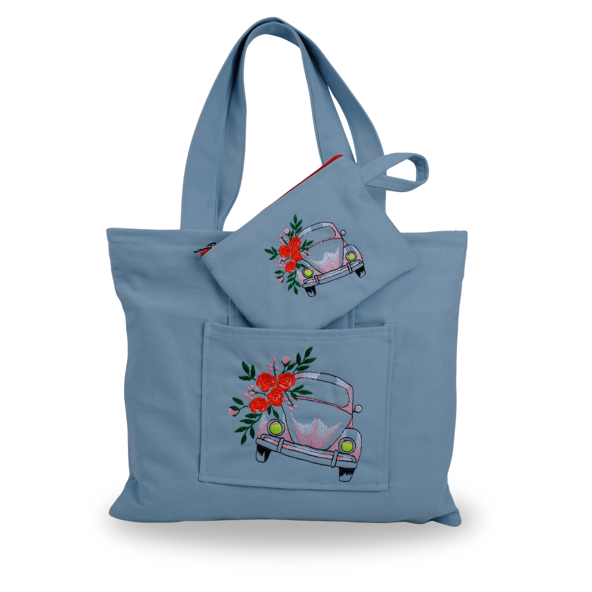 Beetle Car tote bag in petrol blue with car motif – canvasbag set