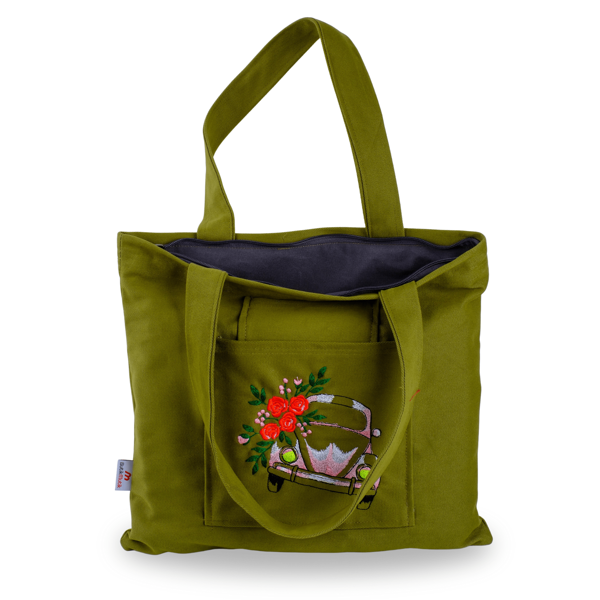 Beetle Car olive green canvasbag with matching wallet – embroidered tote