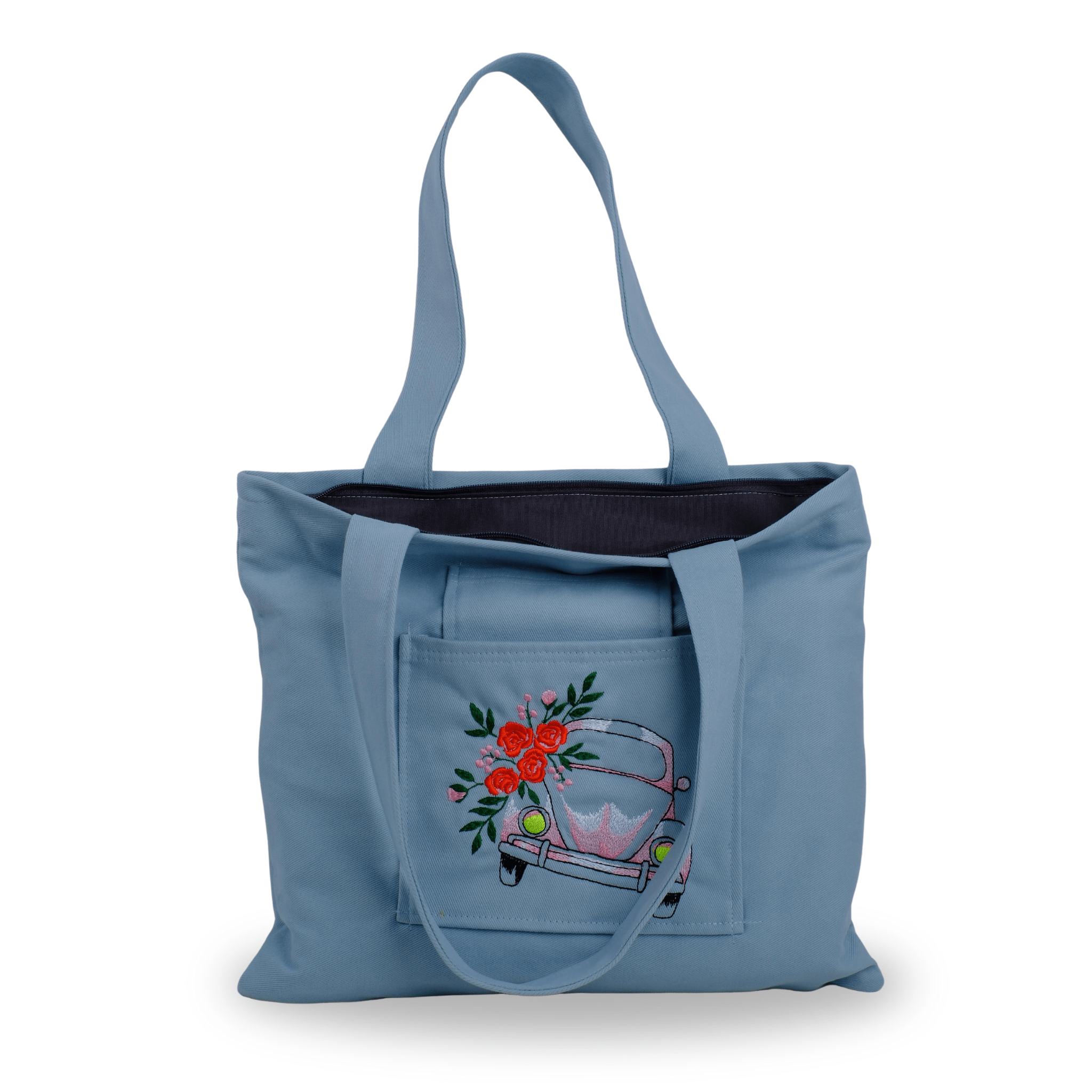 Beetle Car blue canvasbag with car embroidery – tote and wallet set