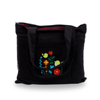 Black canvas tote with bird garden embroidery – lined interior and outer pockets – Canvasbag