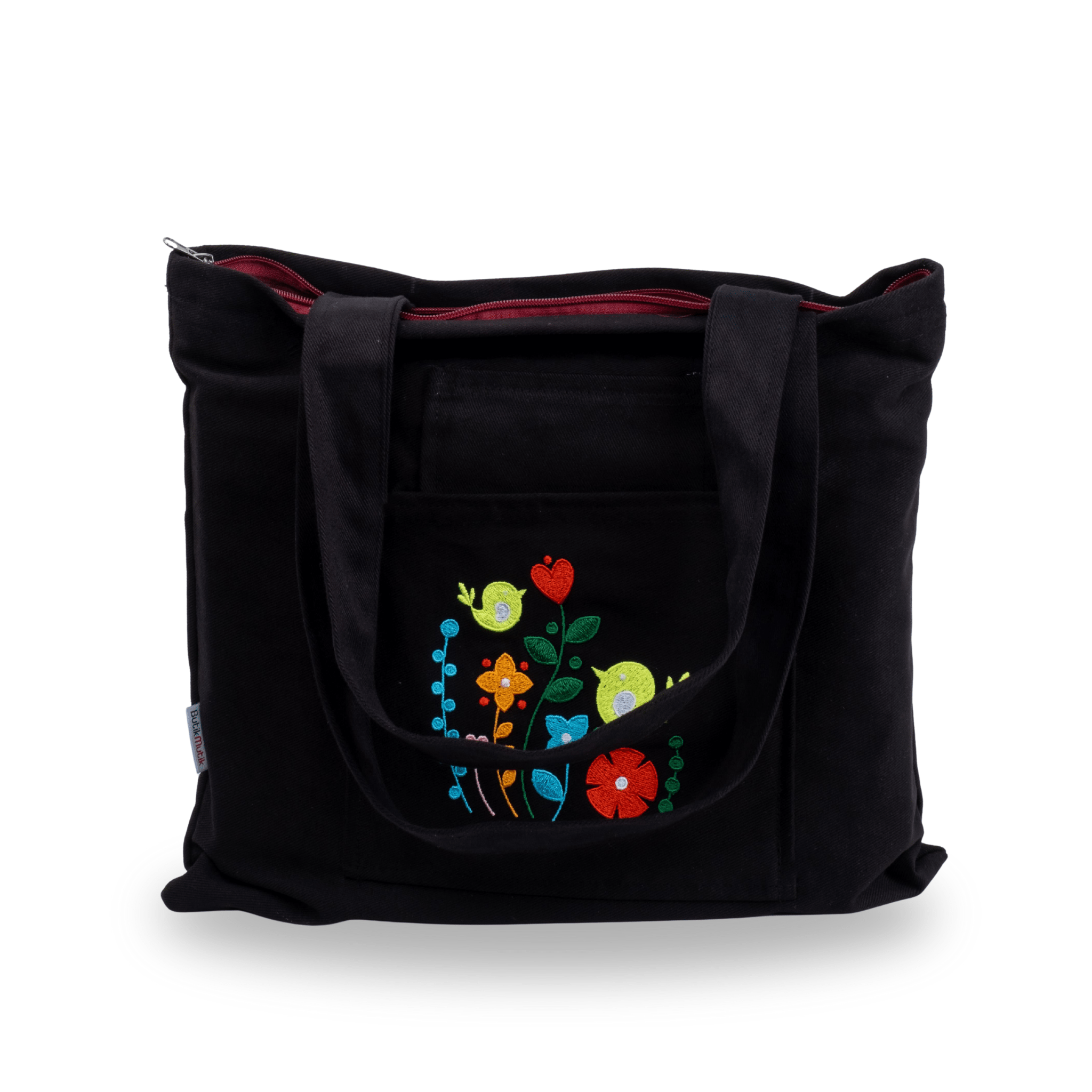 Black canvas tote with bird garden embroidery – lined interior and outer pockets – Canvasbag