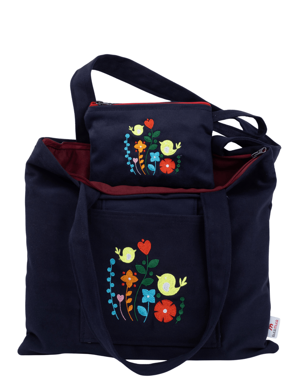 Navy blue canvas bag with bird garden embroidery – zippered and lined – Canvasbag