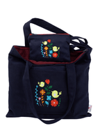 Navy blue canvas bag with bird garden embroidery – zippered and lined – Canvasbag