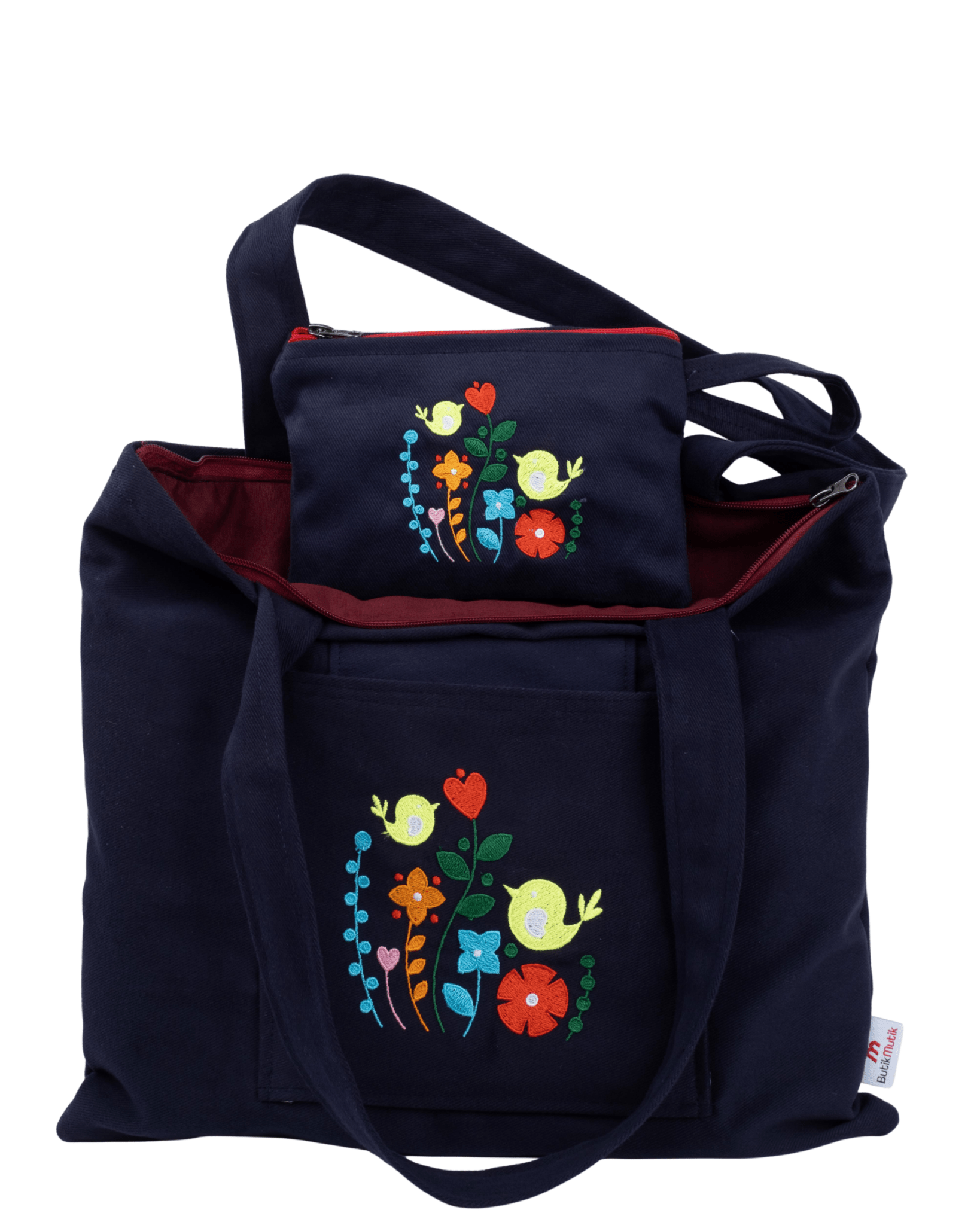 Navy blue canvas bag with bird garden embroidery – zippered and lined – Canvasbag