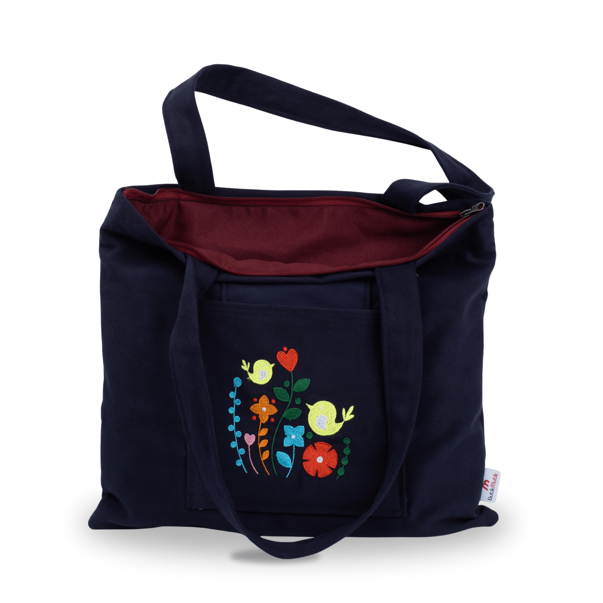 Navy canvas bag with bird garden motif – washable and zippered – Canvasbag