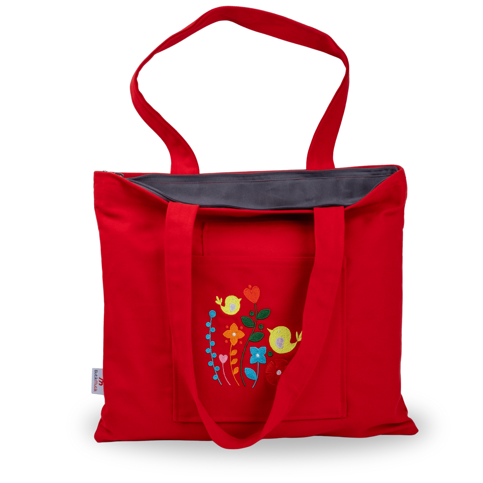 Red embroidered tote bag with bird and floral design – cotton gabardine – Canvasbag