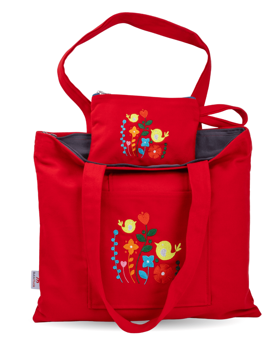 Red canvas shoulder bag with bird garden embroidery – handmade, durable – Canvasbag