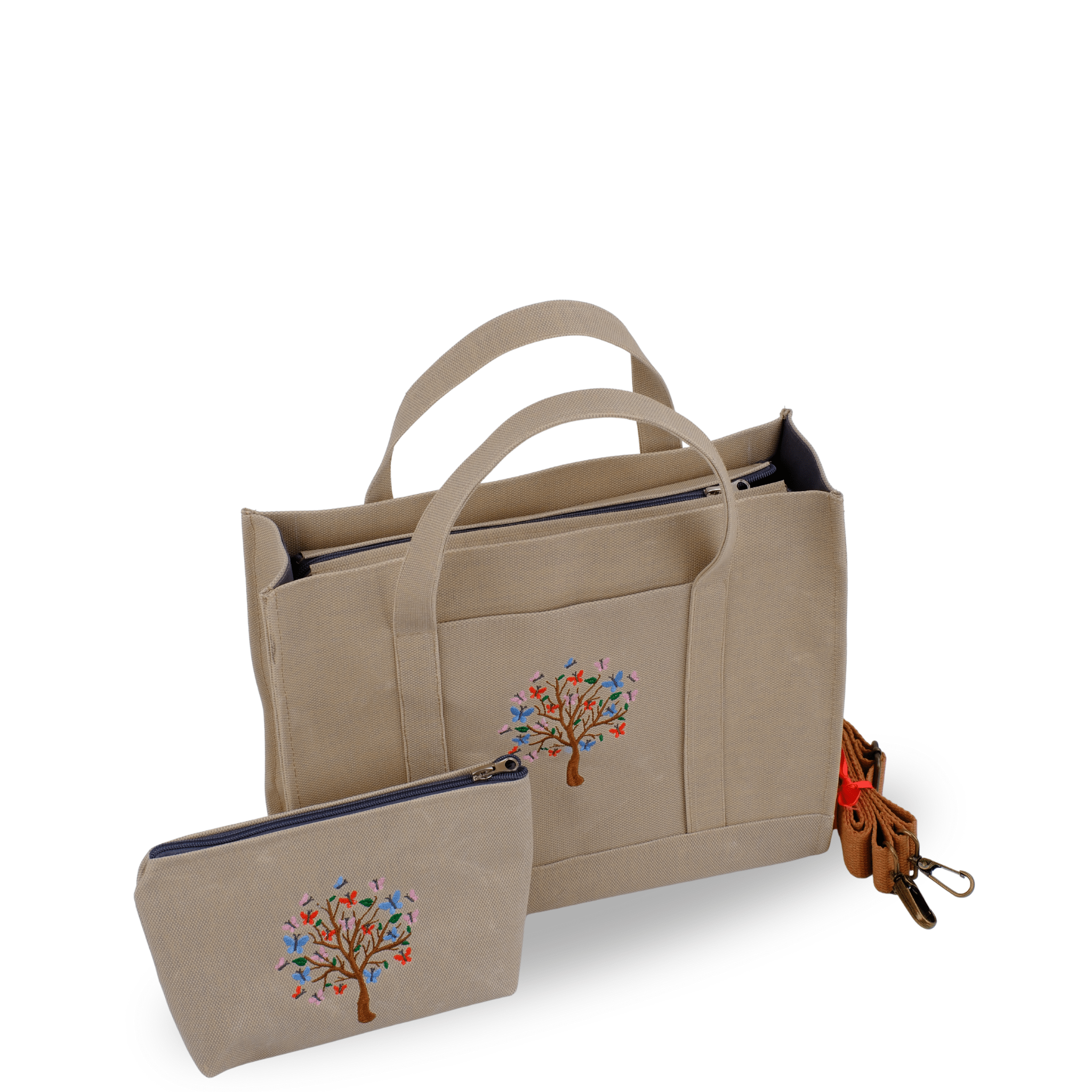 BUTTERFLY TREE - Butterfly tree embroidery on beige canvas bag and wallet – Canvasbag