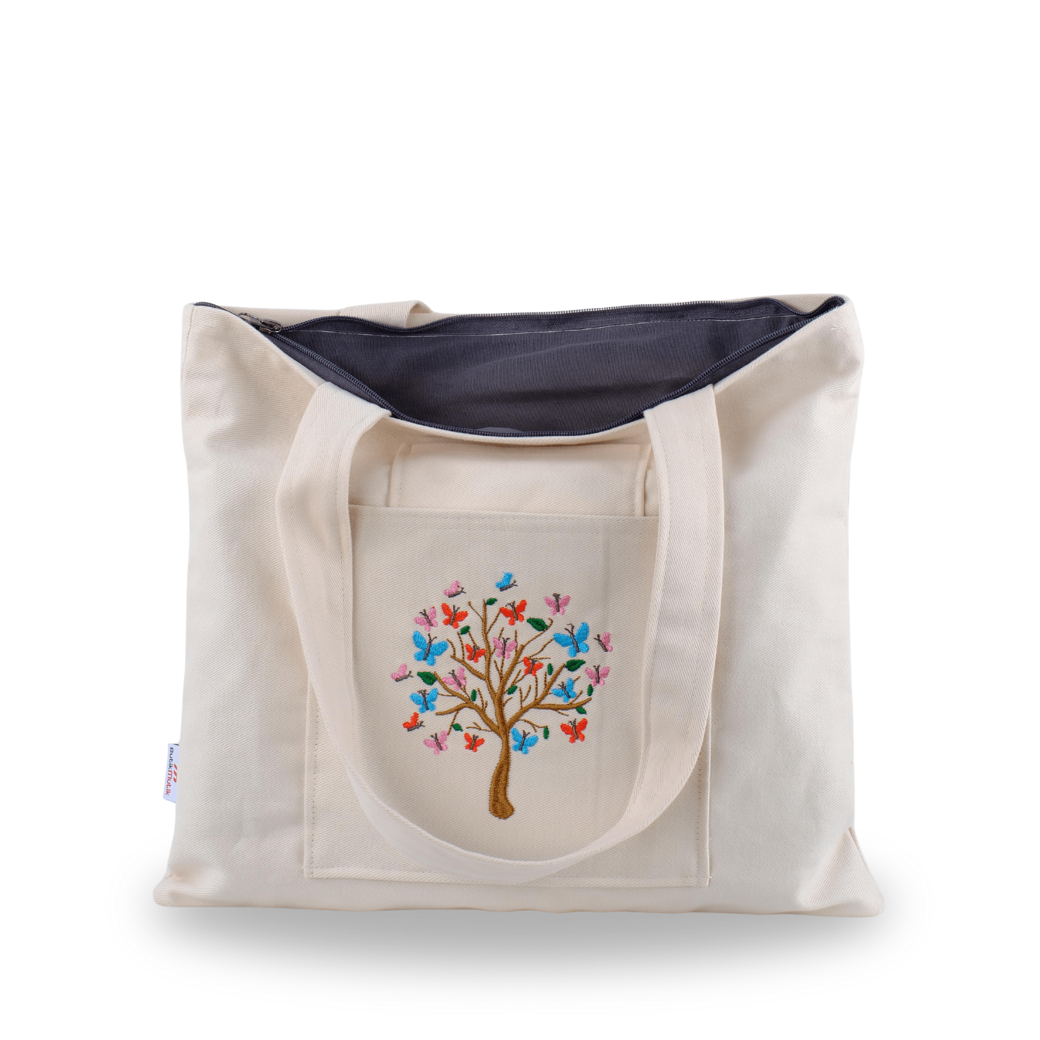 gabardine tote bag with butterfly tree embroidery – fully lined, zippered – Canvasbag