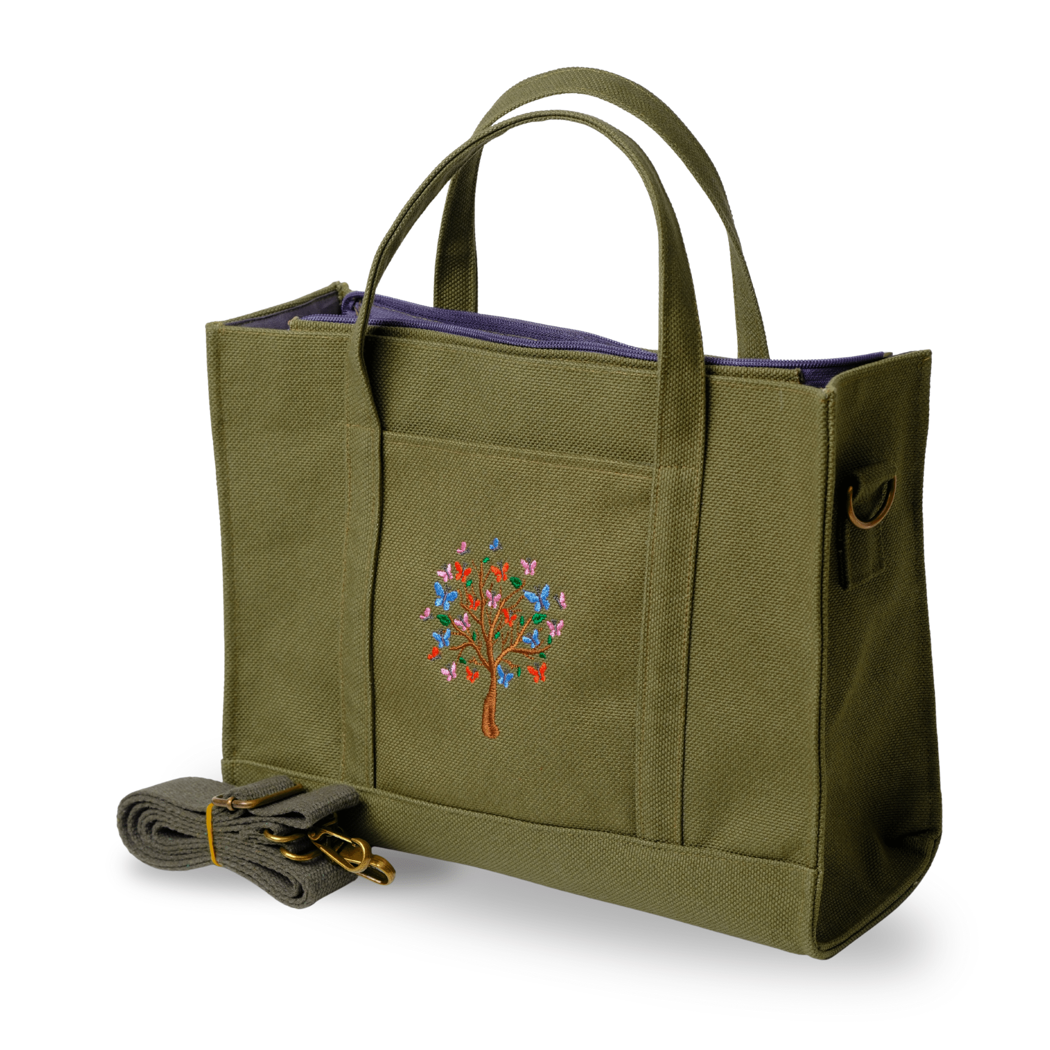 BUTTERFLY TREE - Khaki green canvas tote and wallet with butterfly tree embroidery – Canvasbag