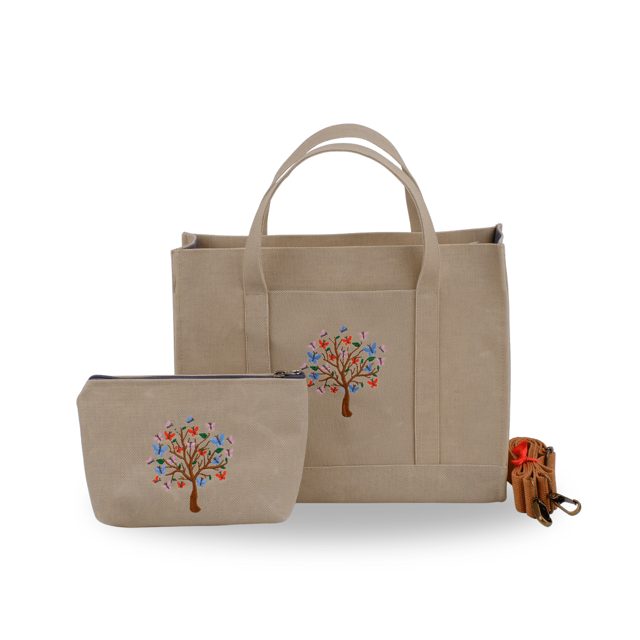 BUTTERFLY TREE - Beige embroidered canvas bag and wallet set – Butterfly Tree collection
