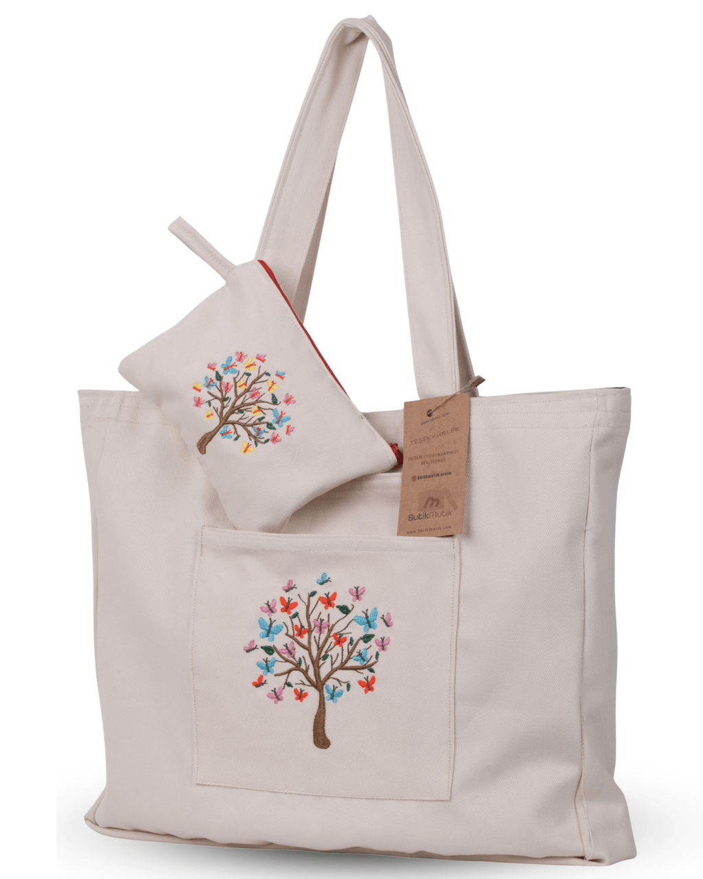 gabardine tote bag with butterfly tree embroidery – fully lined, zippered – Canvasbag