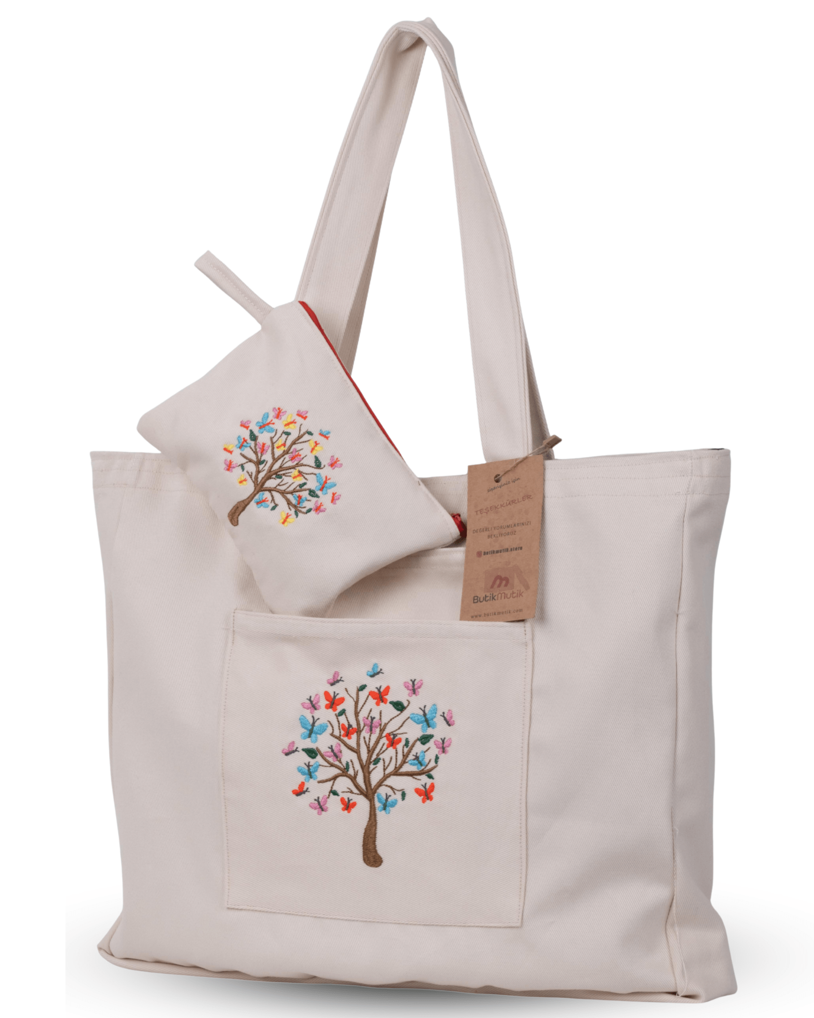 gabardine tote bag with butterfly tree embroidery – fully lined, zippered – Canvasbag