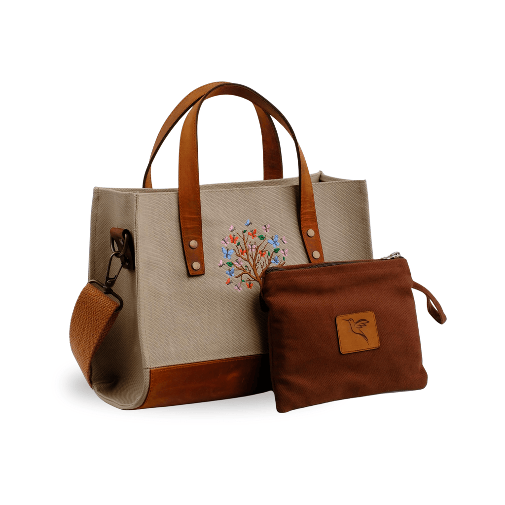 Butterfly Tree canvas handbag with brown leather base