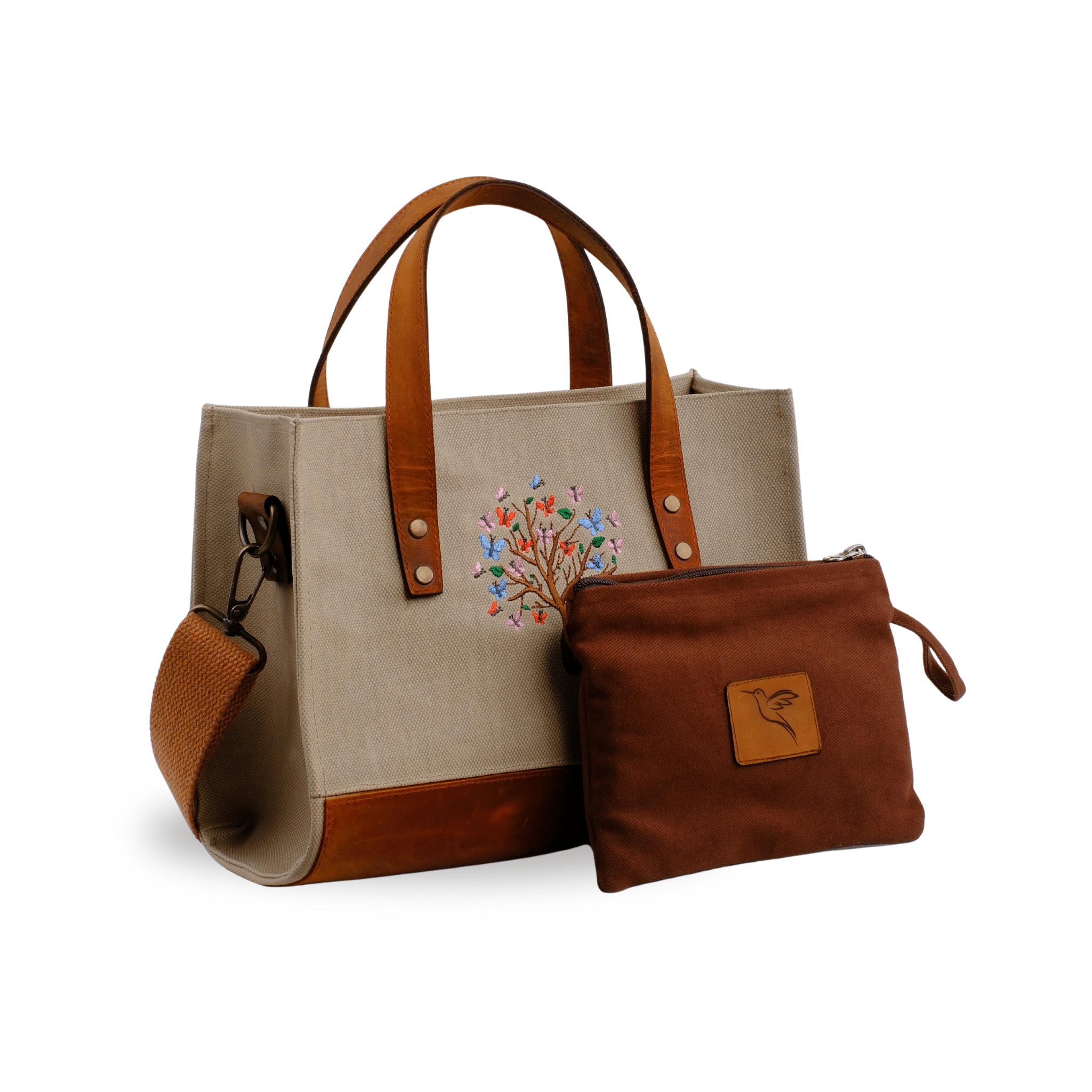 Butterfly Tree canvas handbag with brown leather base