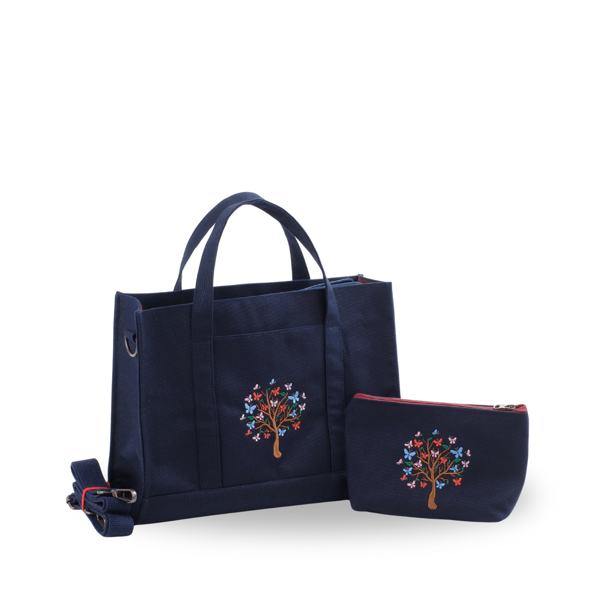 BUTTERFLY TREE - Dark navy canvas tote and wallet with butterfly tree embroidery – Canvasbag