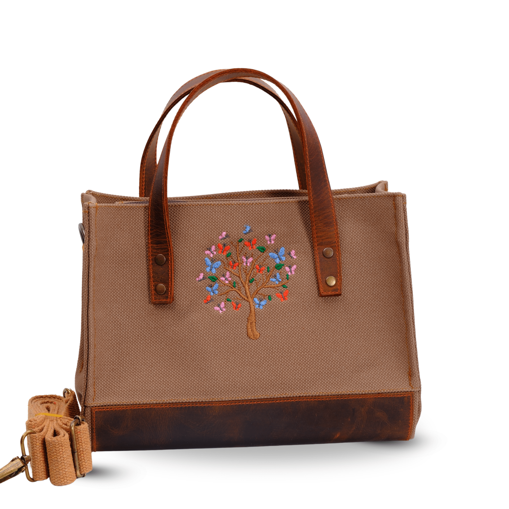 Butterfly Tree Embroidered Genuine Leather & Canvas Shoulder Bag - canvasbag