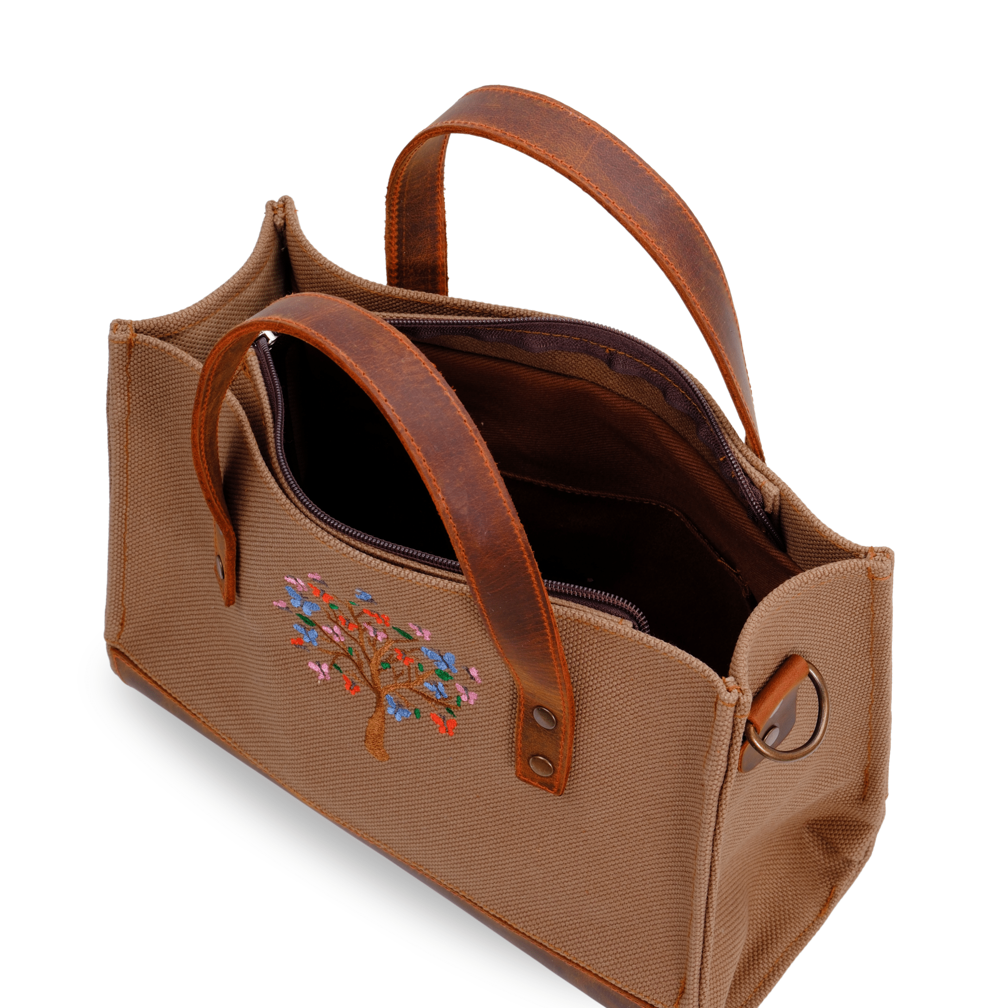 Butterfly Tree Embroidered Genuine Leather & Canvas Shoulder Bag - canvasbag