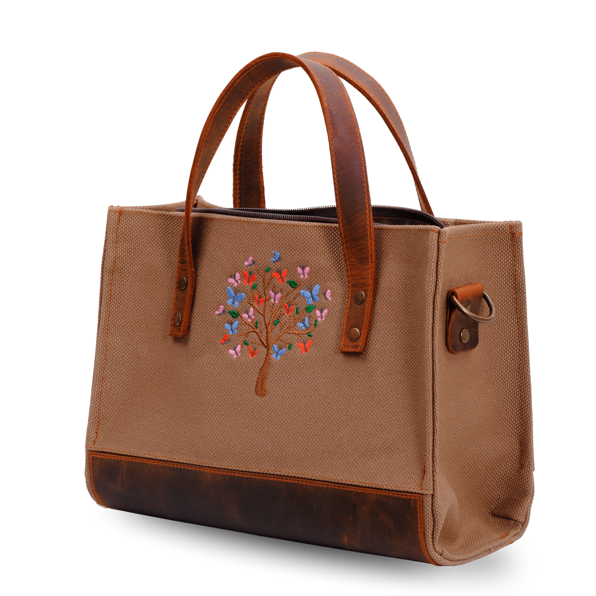 Butterfly Tree Embroidered Genuine Leather & Canvas Shoulder Bag - canvasbag