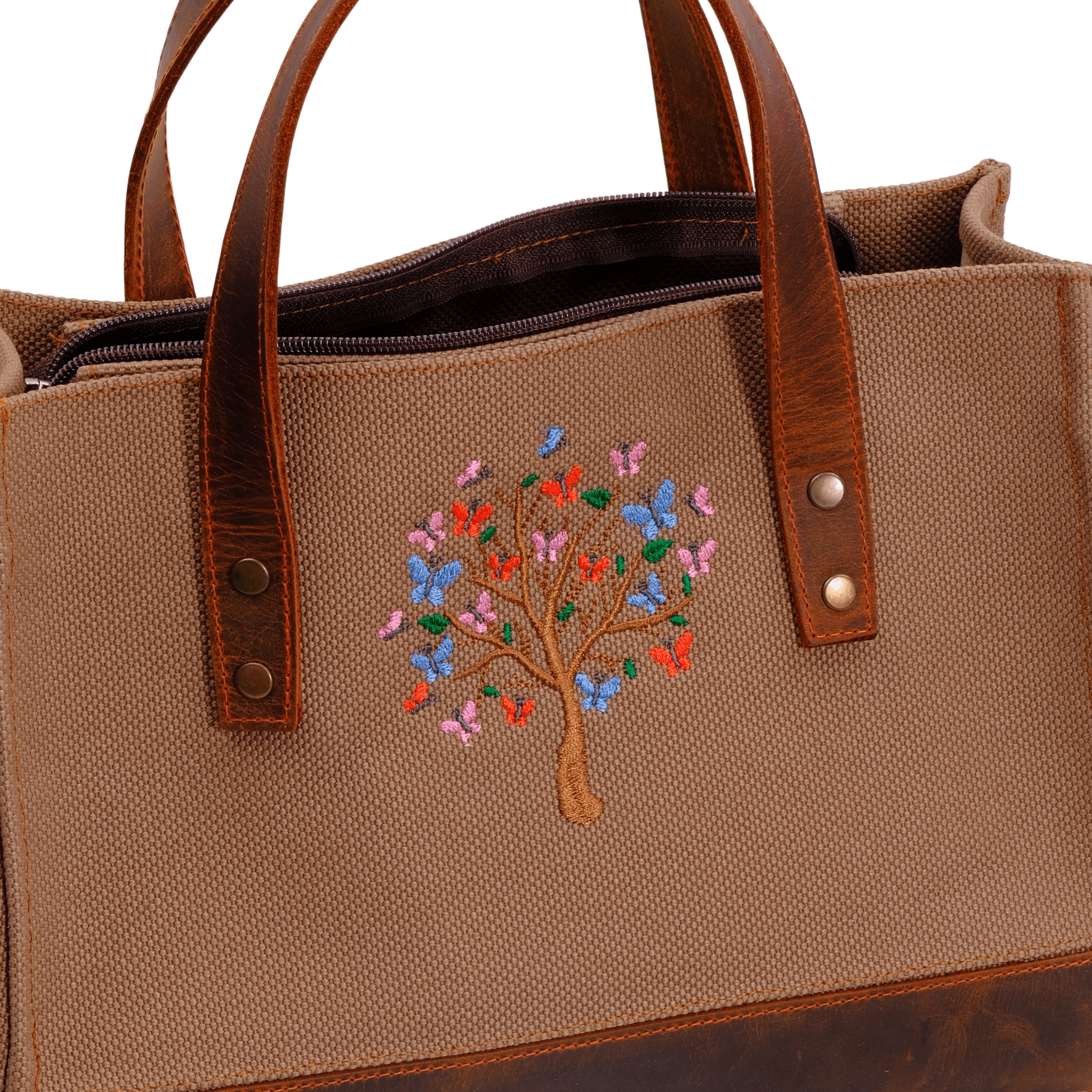 Butterfly Tree Embroidered Genuine Leather & Canvas Shoulder Bag - canvasbag