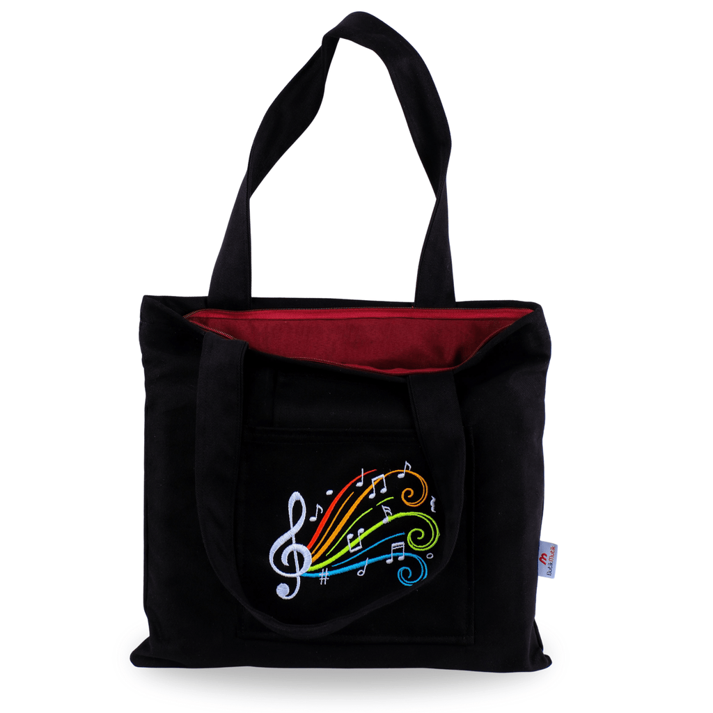 Black Colorful Notes mini tote with note embroidery and wide straps – canvasbag