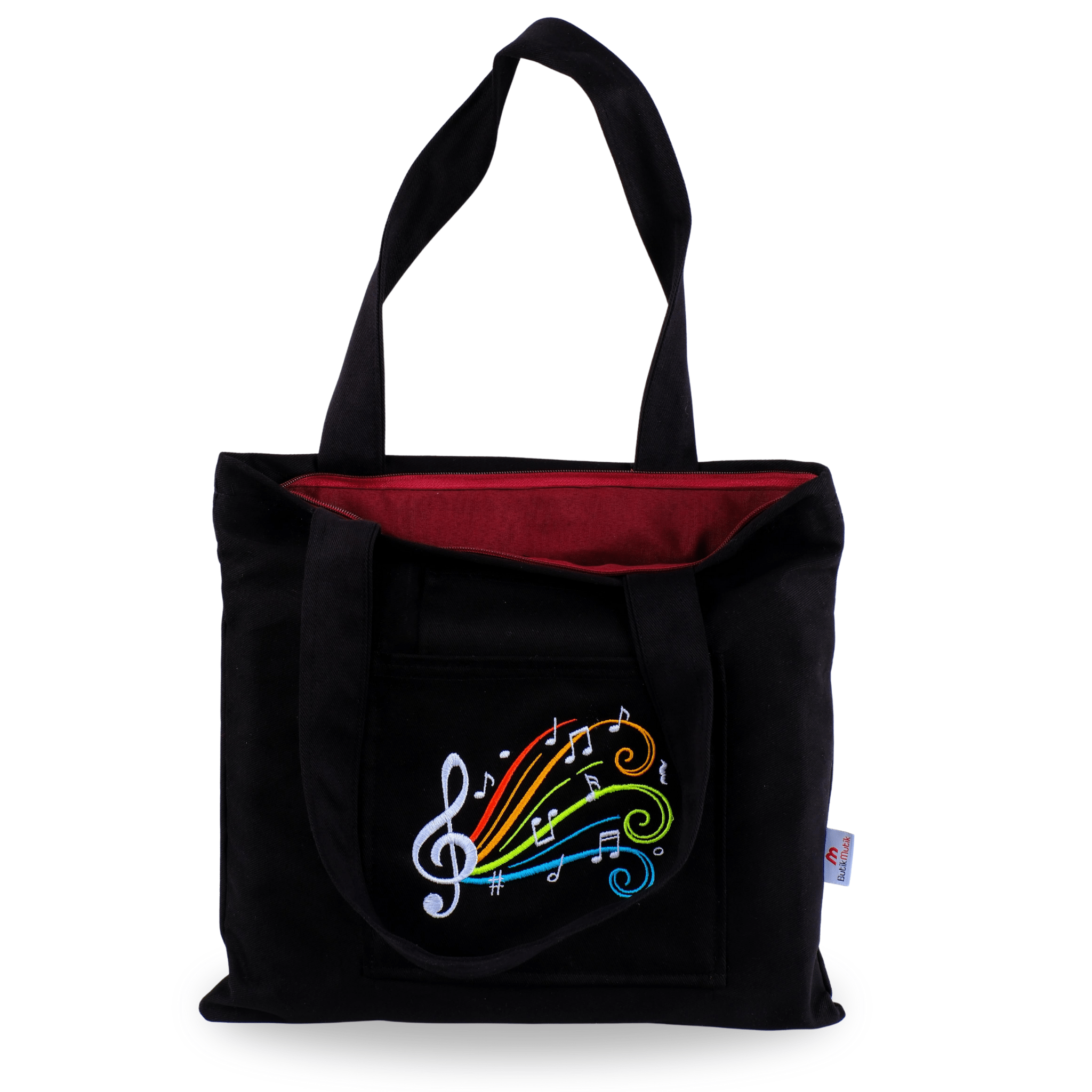 Black Colorful Notes mini tote with note embroidery and wide straps – canvasbag