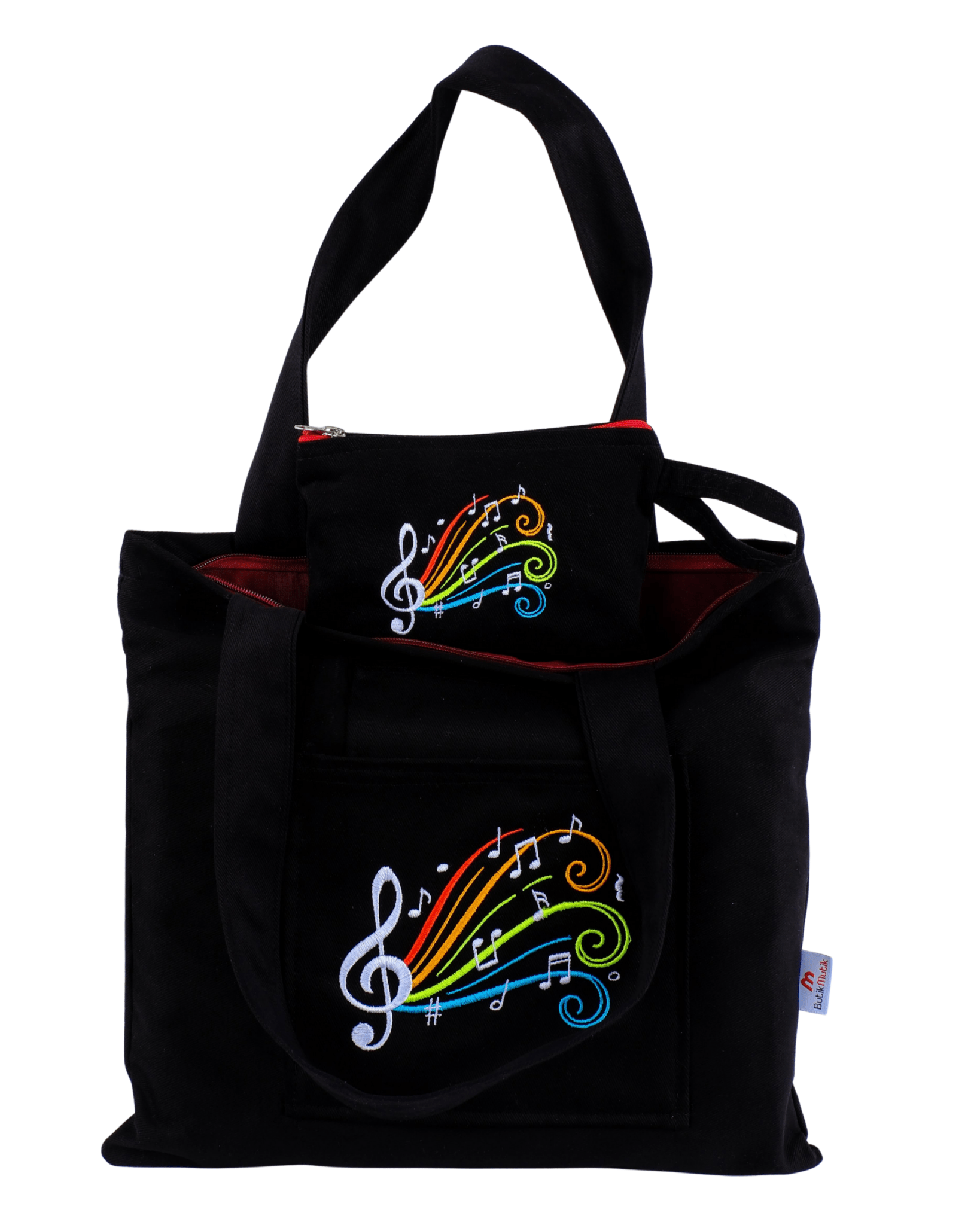 Black Colorful Notes shoulder bag with musical motif embroidery – canvasbag