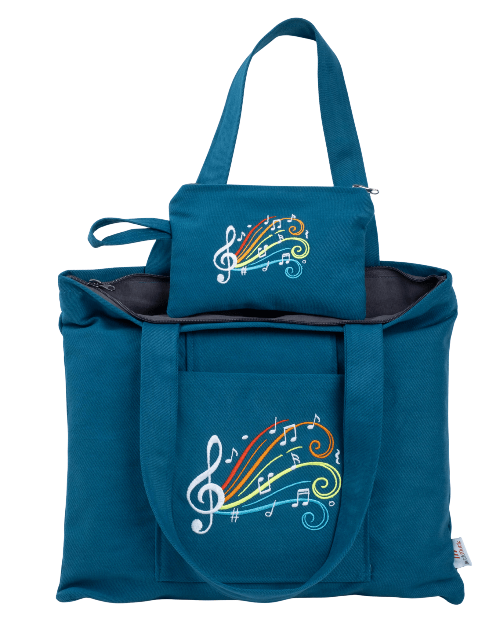 Petrol blue Colorful Notes tote bag with colorful embroidery – canvasbag