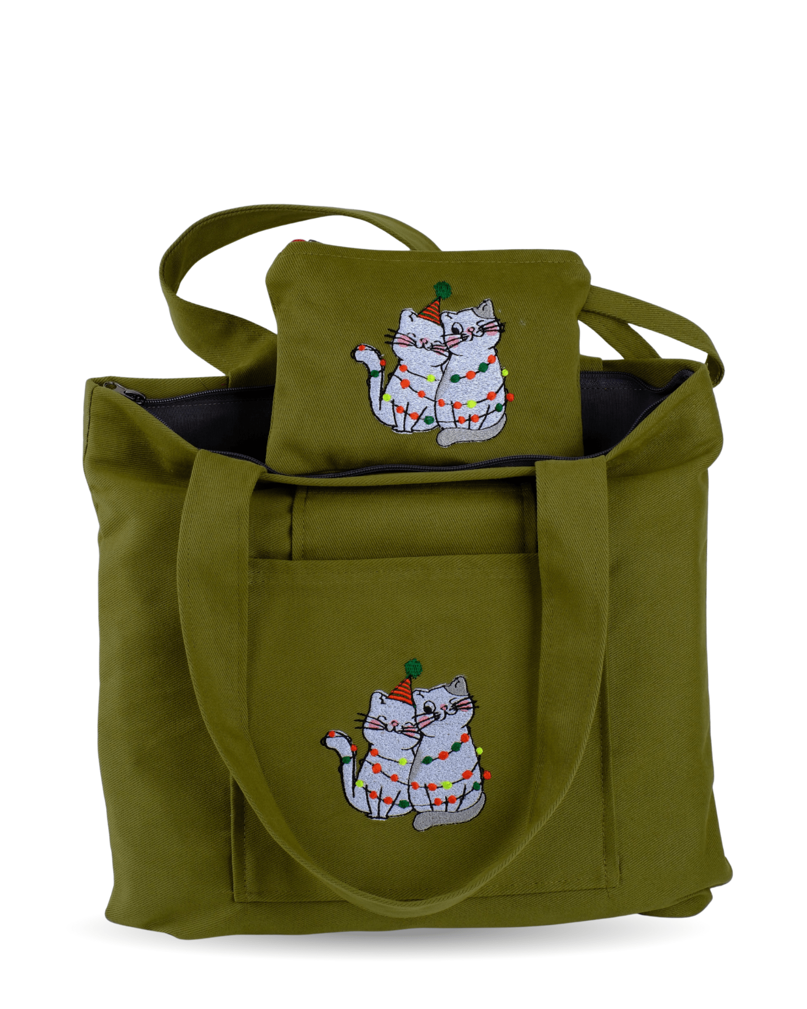 Olive green embroidered cat-themed canvas tote – lined and washable – Canvasbag