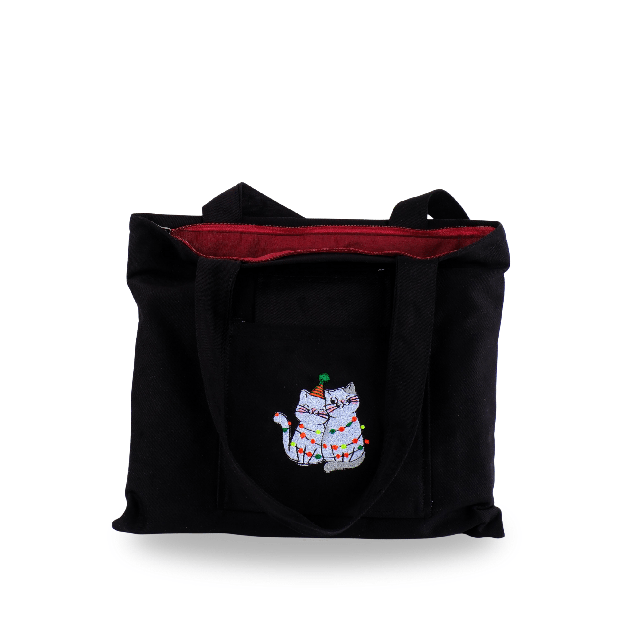Black canvas bag with white cat embroidery – compact and durable – Canvasbag