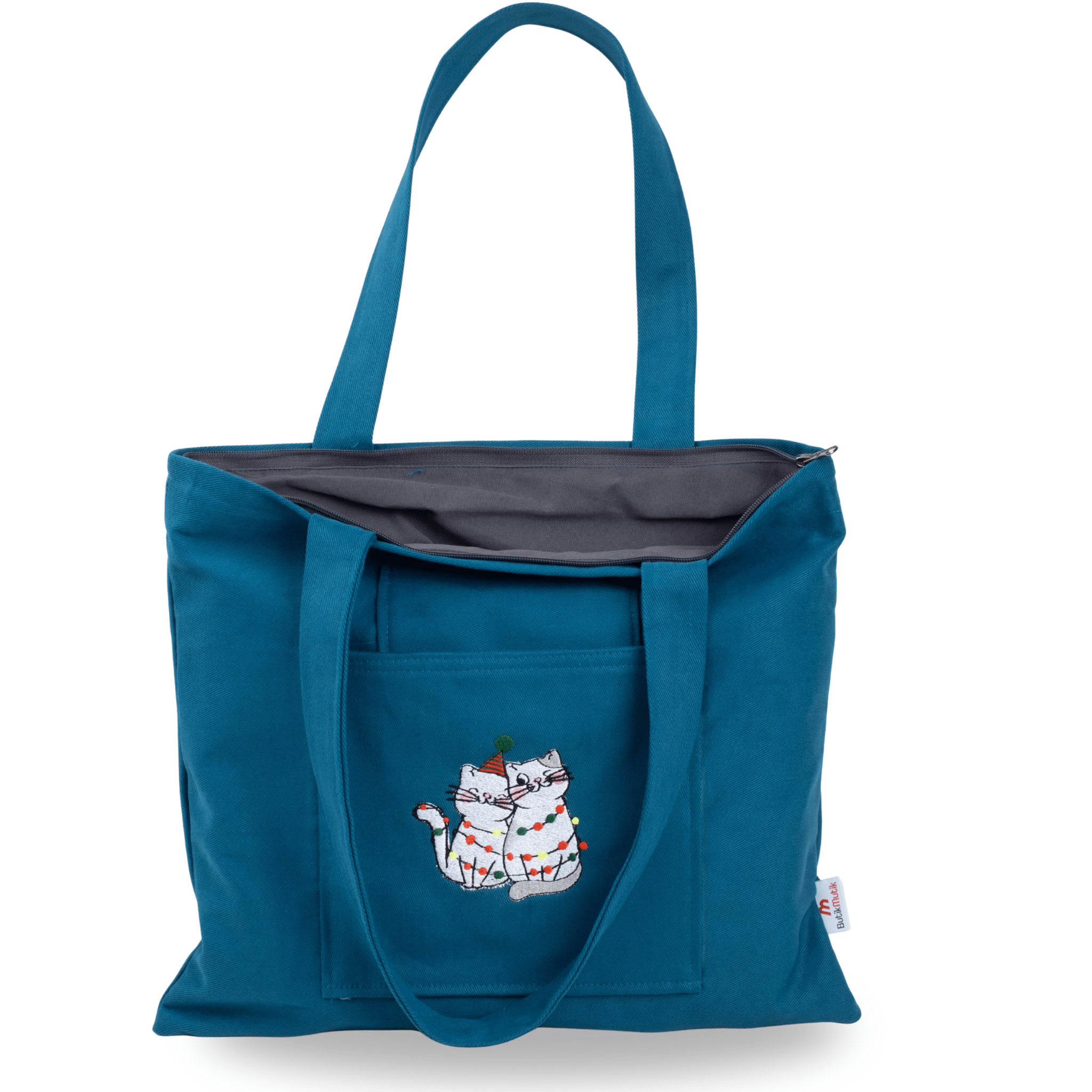 Petrol blue canvas bag with embroidered cat motif – eco-friendly crossbody – Canvasbag