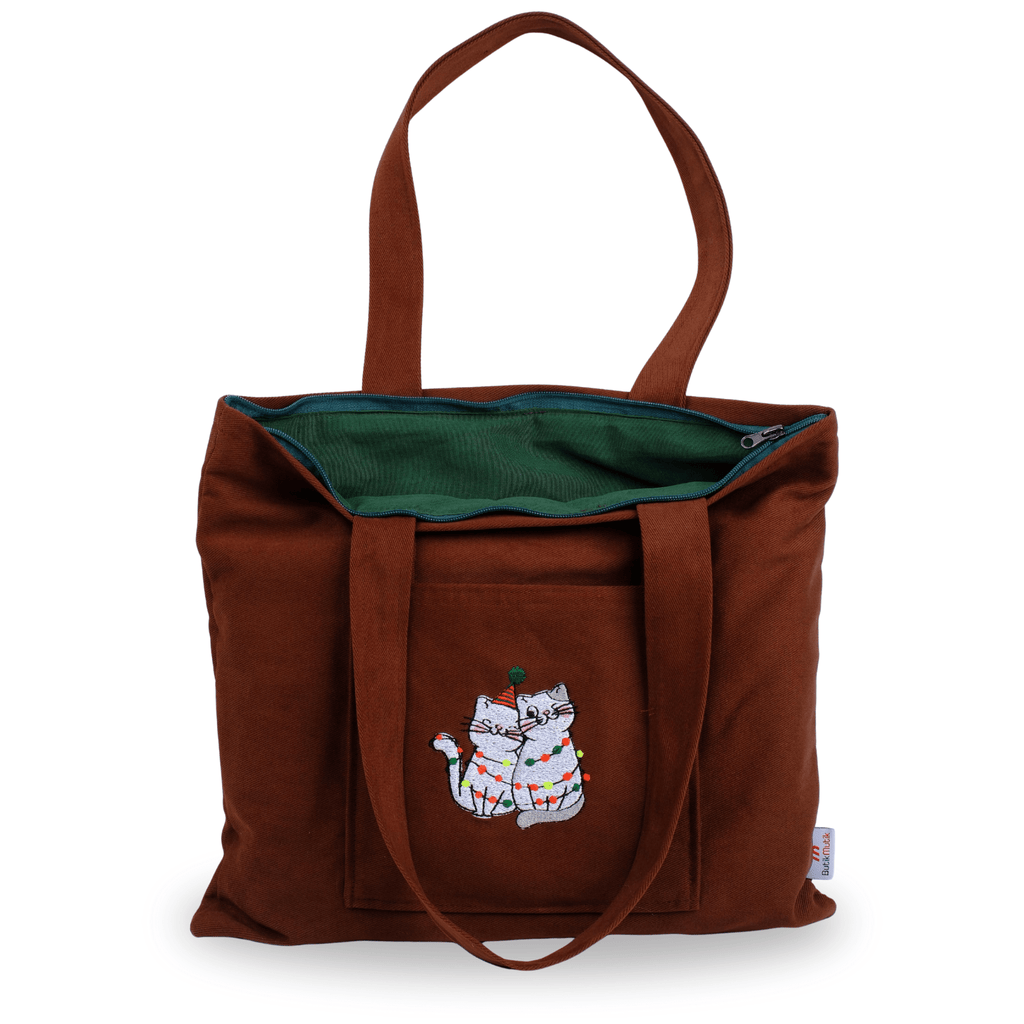 Brown shoulder bag with cute cat embroidery – eco-friendly gabardine – Canvasbag