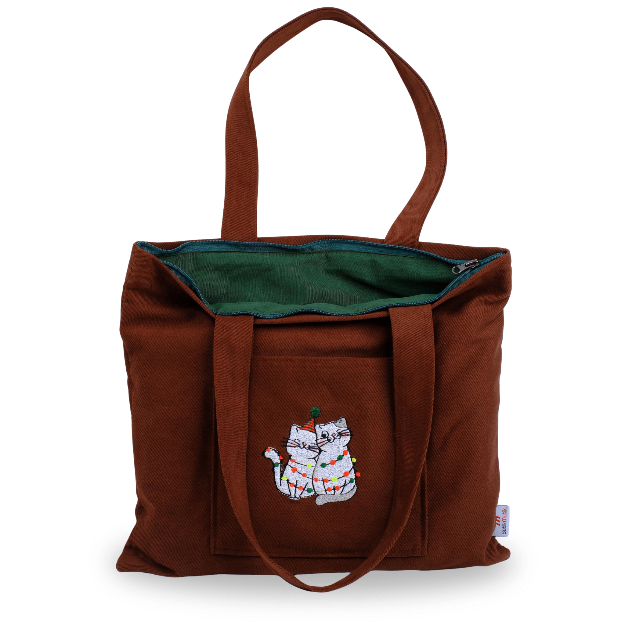 Brown shoulder bag with cute cat embroidery – eco-friendly gabardine – Canvasbag