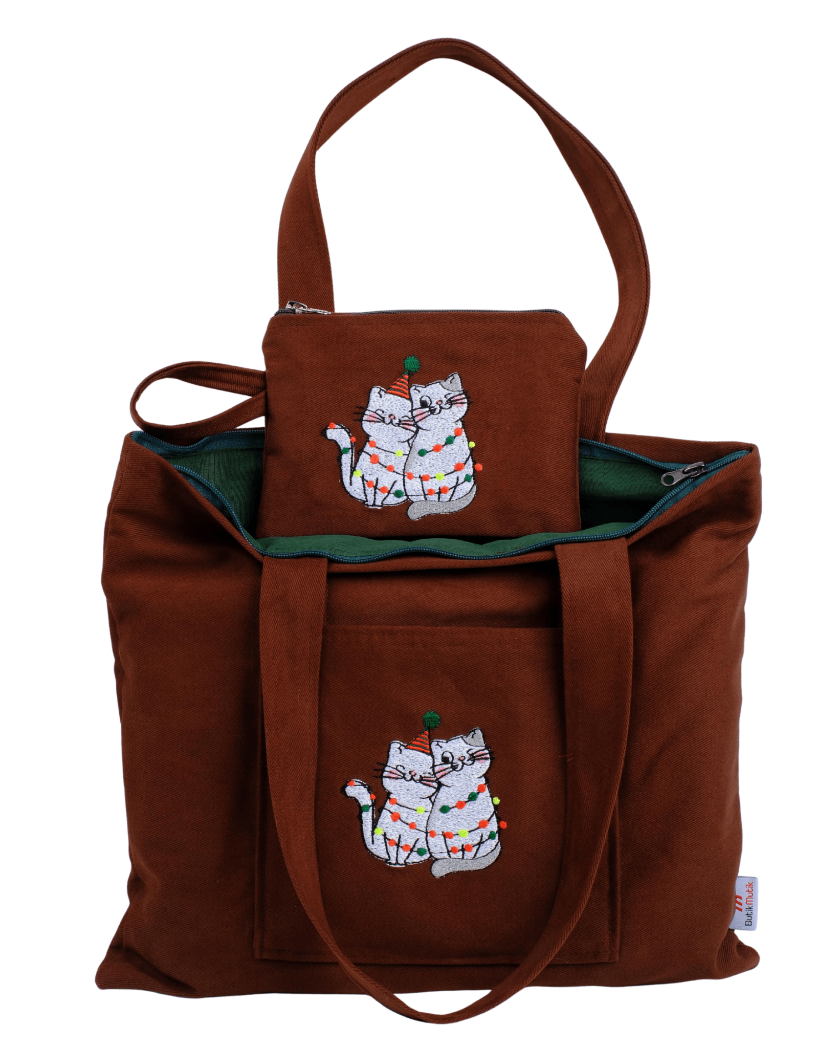 canvas tote bag with cute cat embroidery – zippered and lined – Canvasbag
