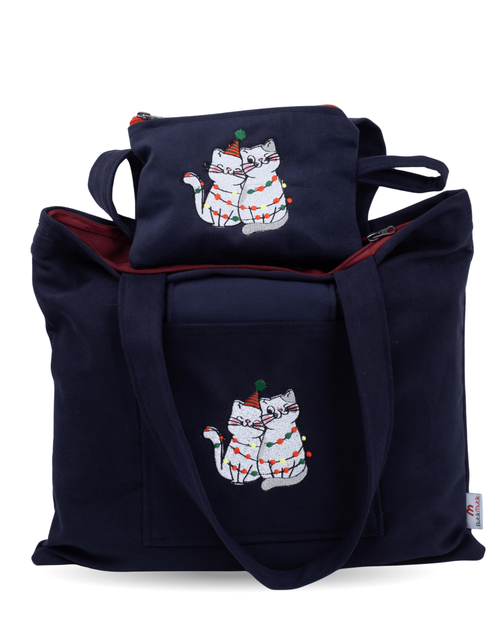 Navy blue canvas bag with cute cat illustration – cotton gabardine material – Canvasbag
