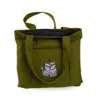 Olive green embroidered cat-themed canvas tote – lined and washable – Canvasbag