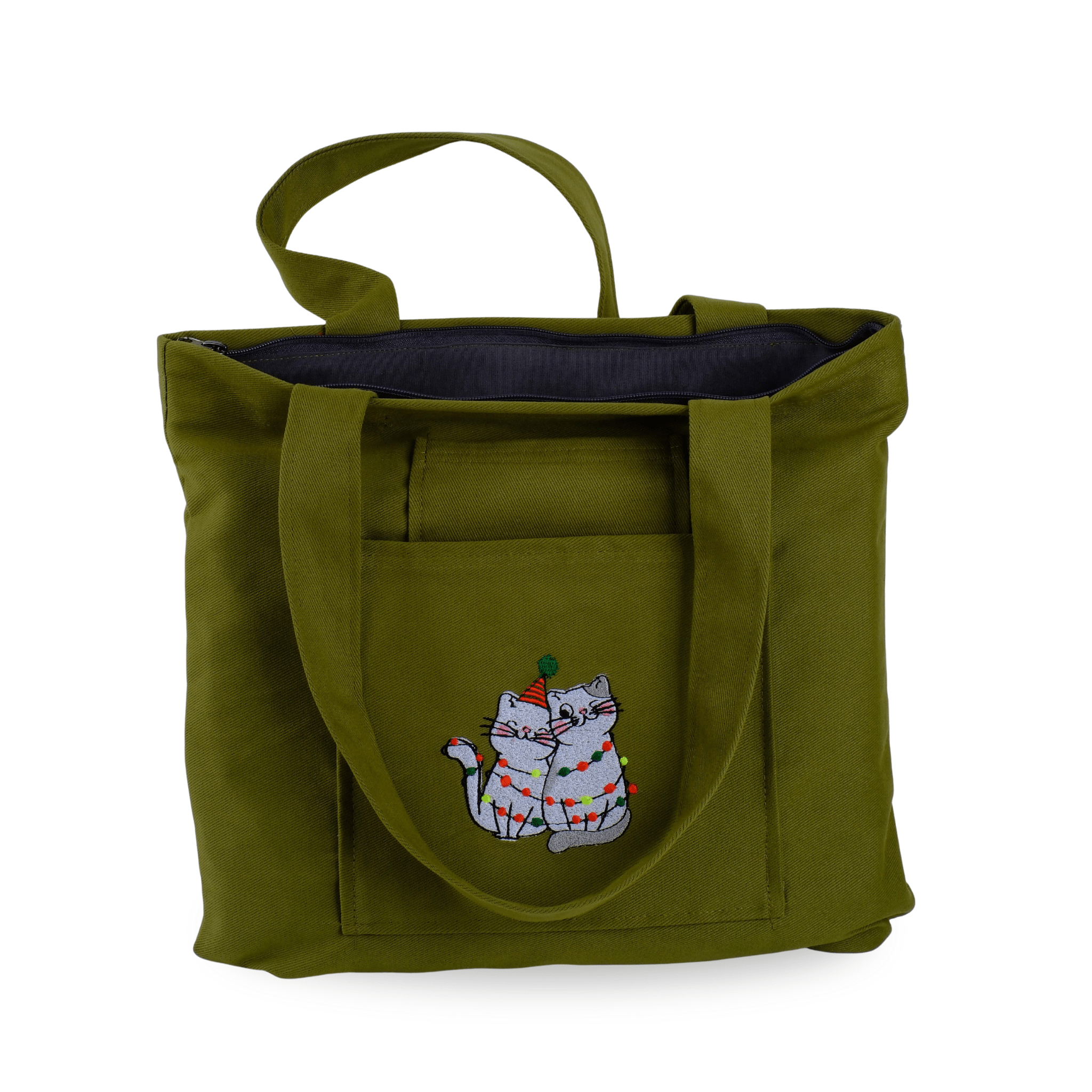 Olive green embroidered cat-themed canvas tote – lined and washable – Canvasbag