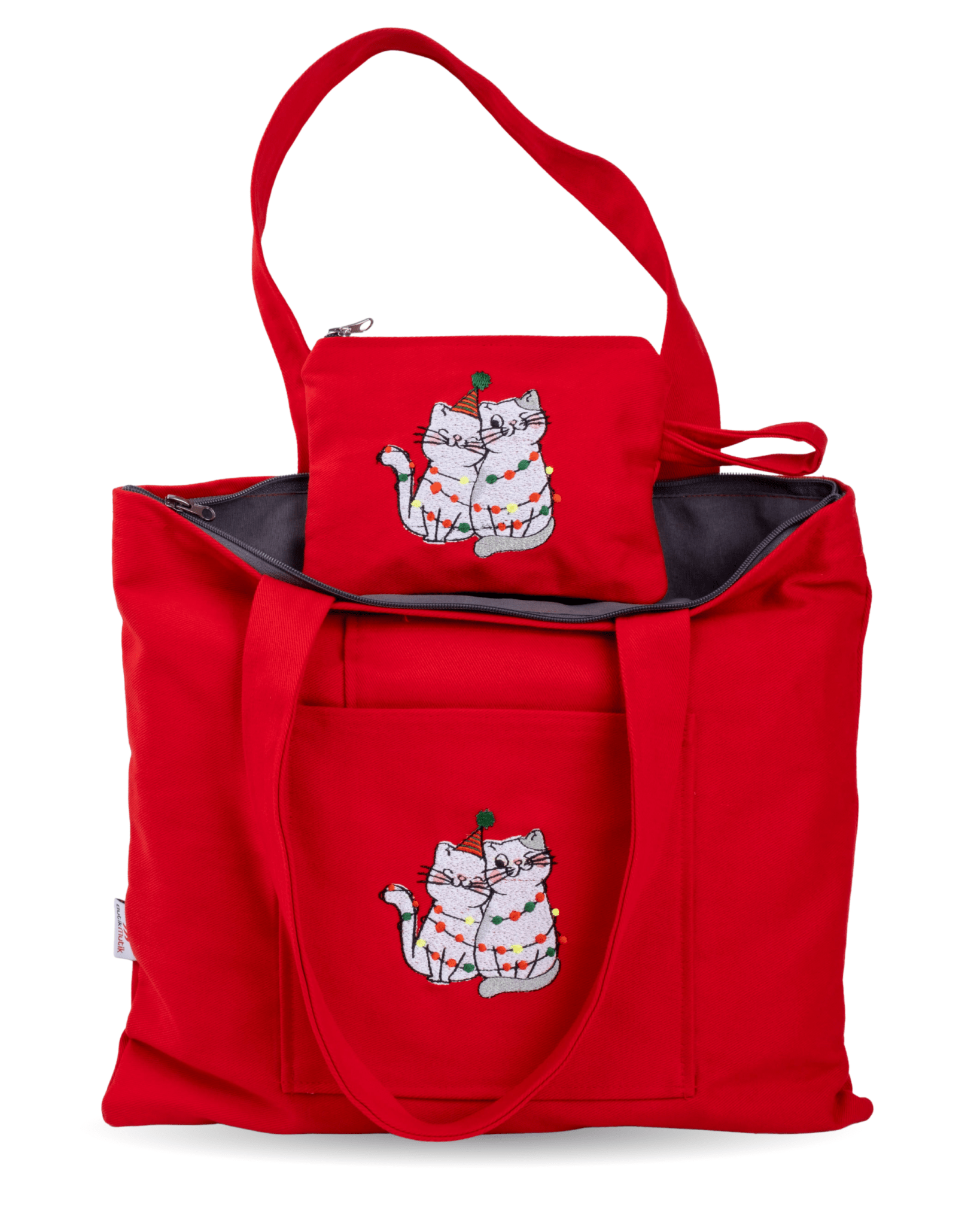 Red canvas shoulder bag with playful cat embroidery – handmade zippered tote – Canvasbag