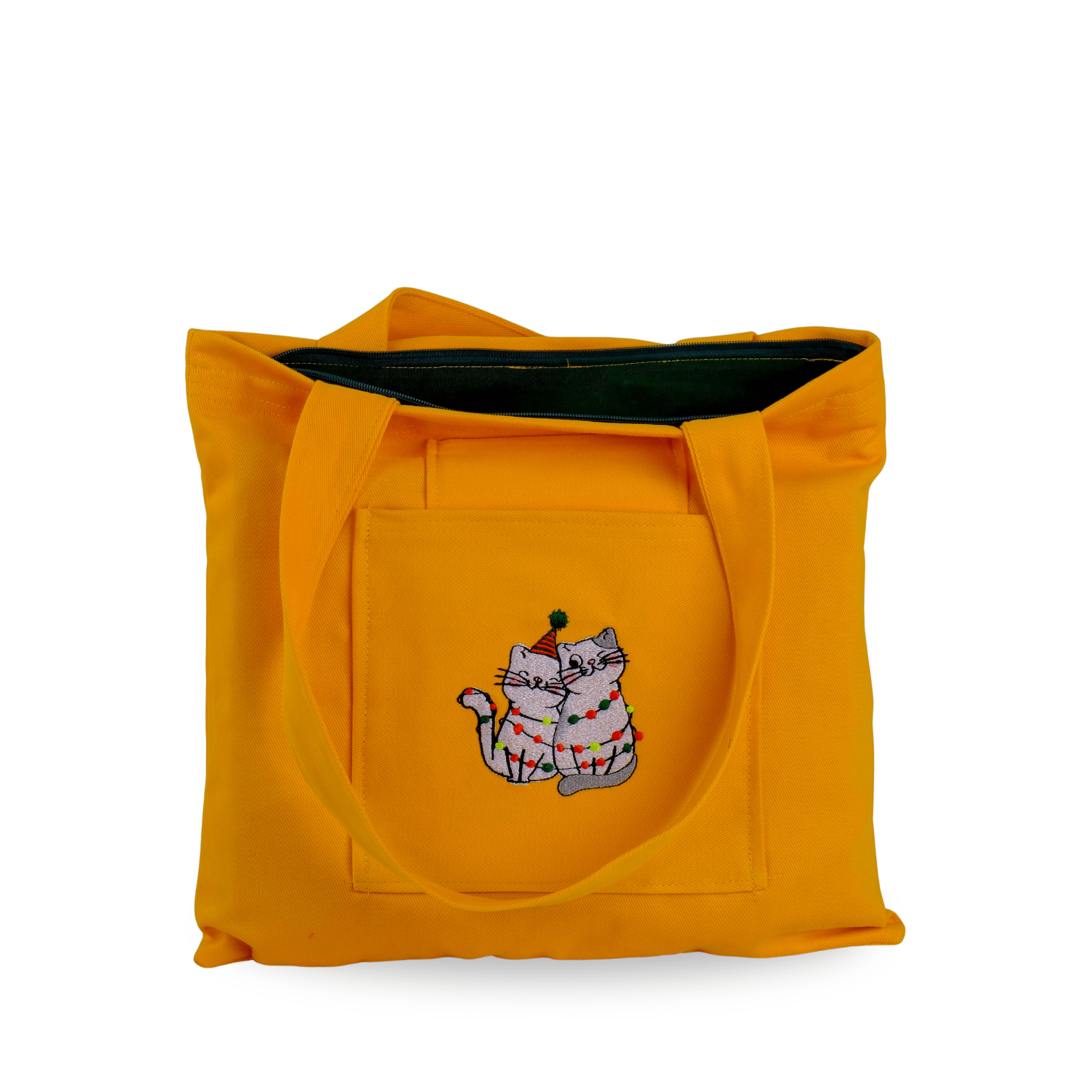 Yellow canvas bag with embroidered cat illustration – durable & playful – Canvasbag