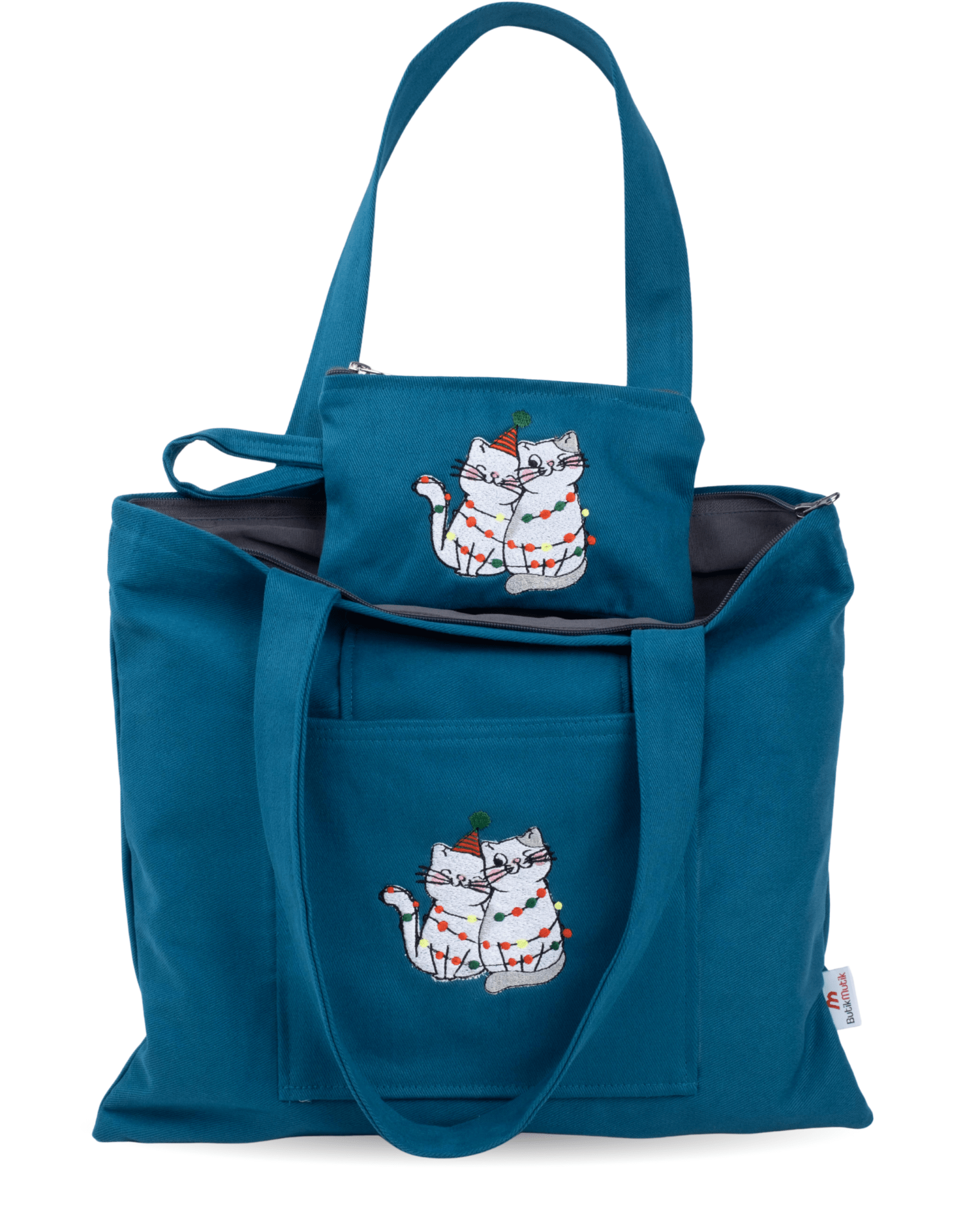 Petrol blue canvas bag with embroidered cat motif – eco-friendly crossbody – Canvasbag