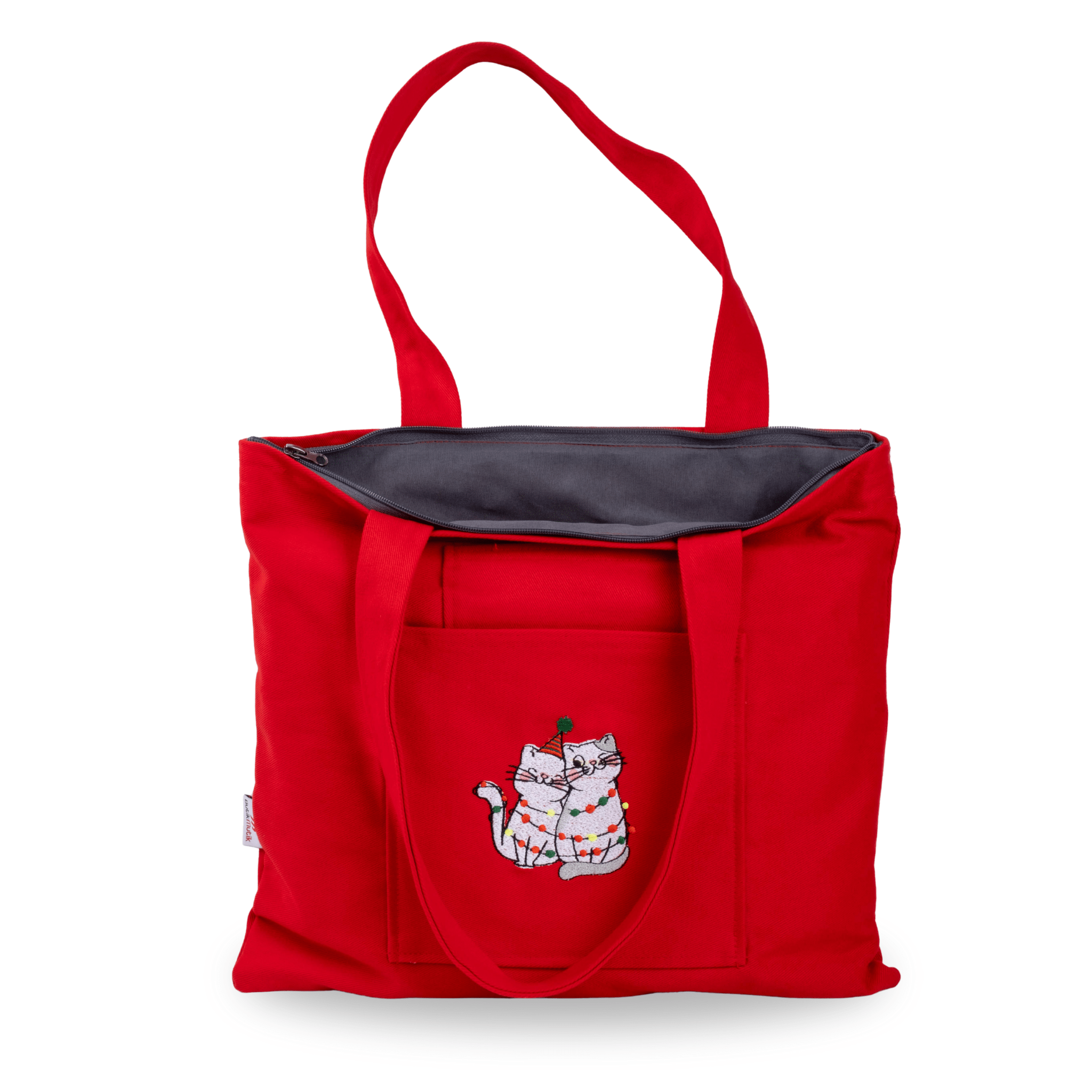Red canvas bag with embroidered cats – zippered top and outer pockets – Canvasbag