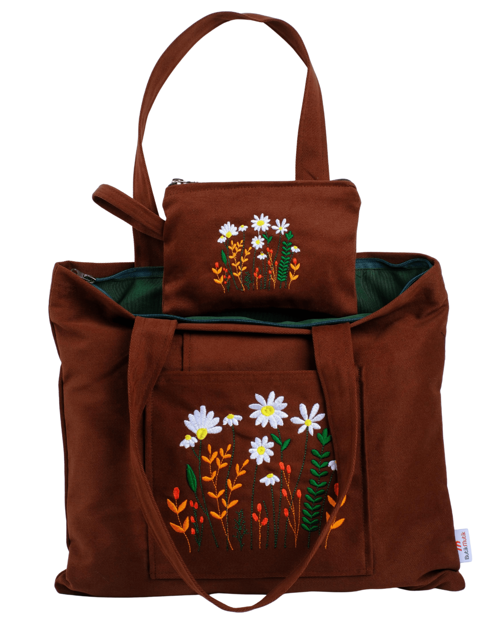 Brown gabardine tote with colorful daisy embroidery – zippered & eco-friendly – Canvasbag